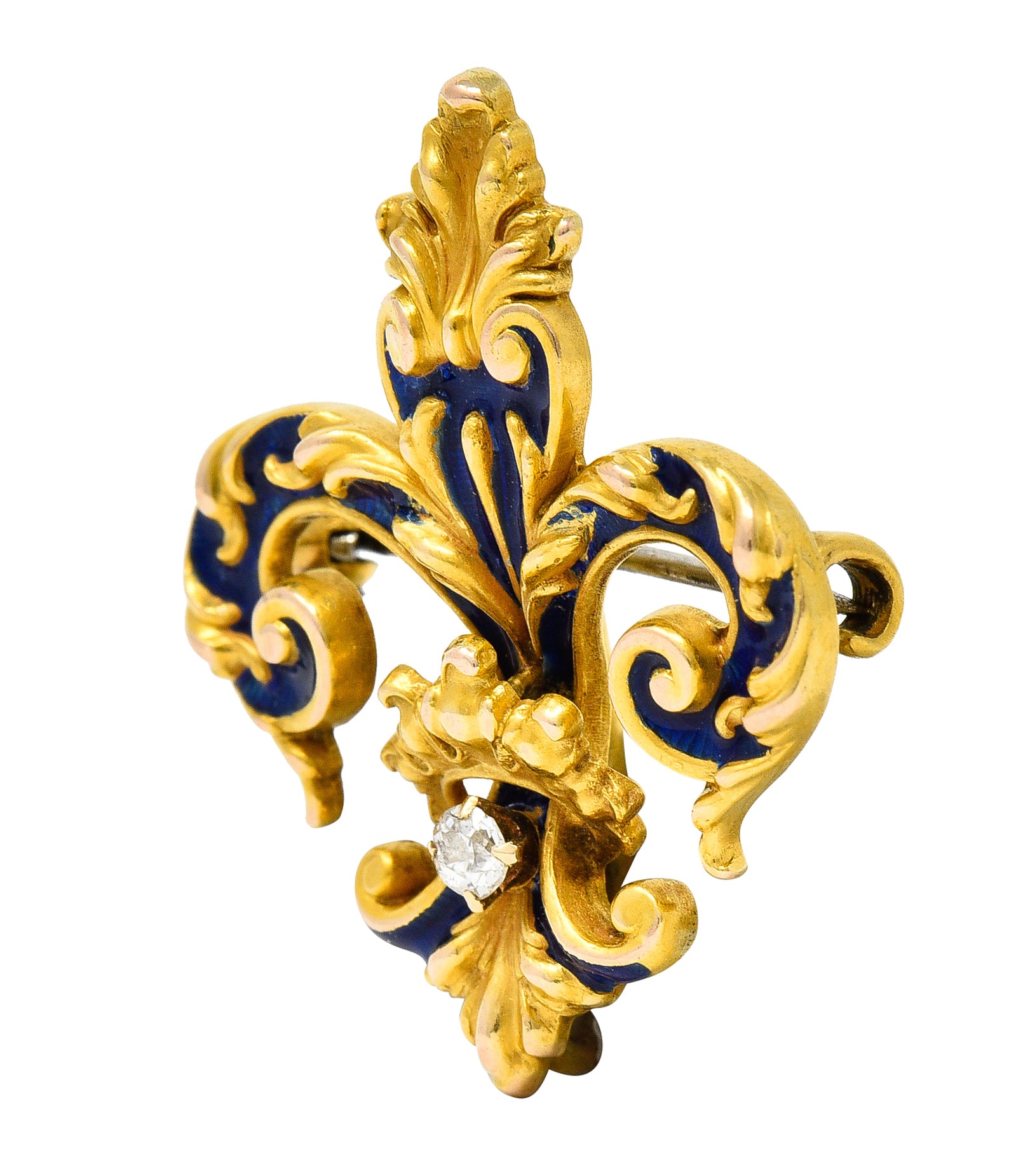 Victorian Old European Cut Diamond Enamel 18 Karat Yellow Gold Fleur-De-Lis Crown Antique Brooch Wilson's Estate Jewelry