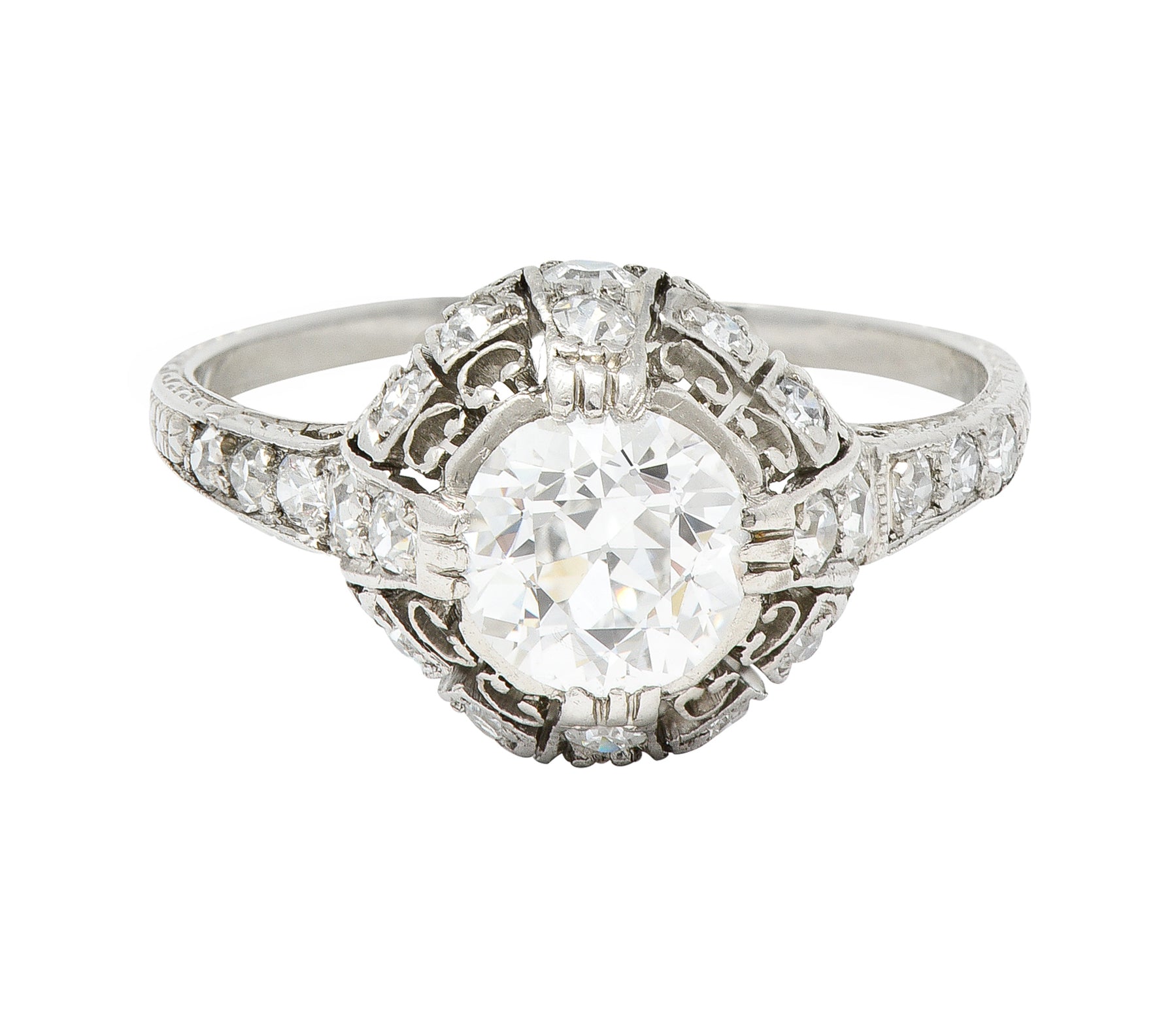 Art Deco 1.27 CTW Old Mine Cut Diamond Platinum Domed Whiplash Vintage Engagement Ring Wilson's Estate Jewelry