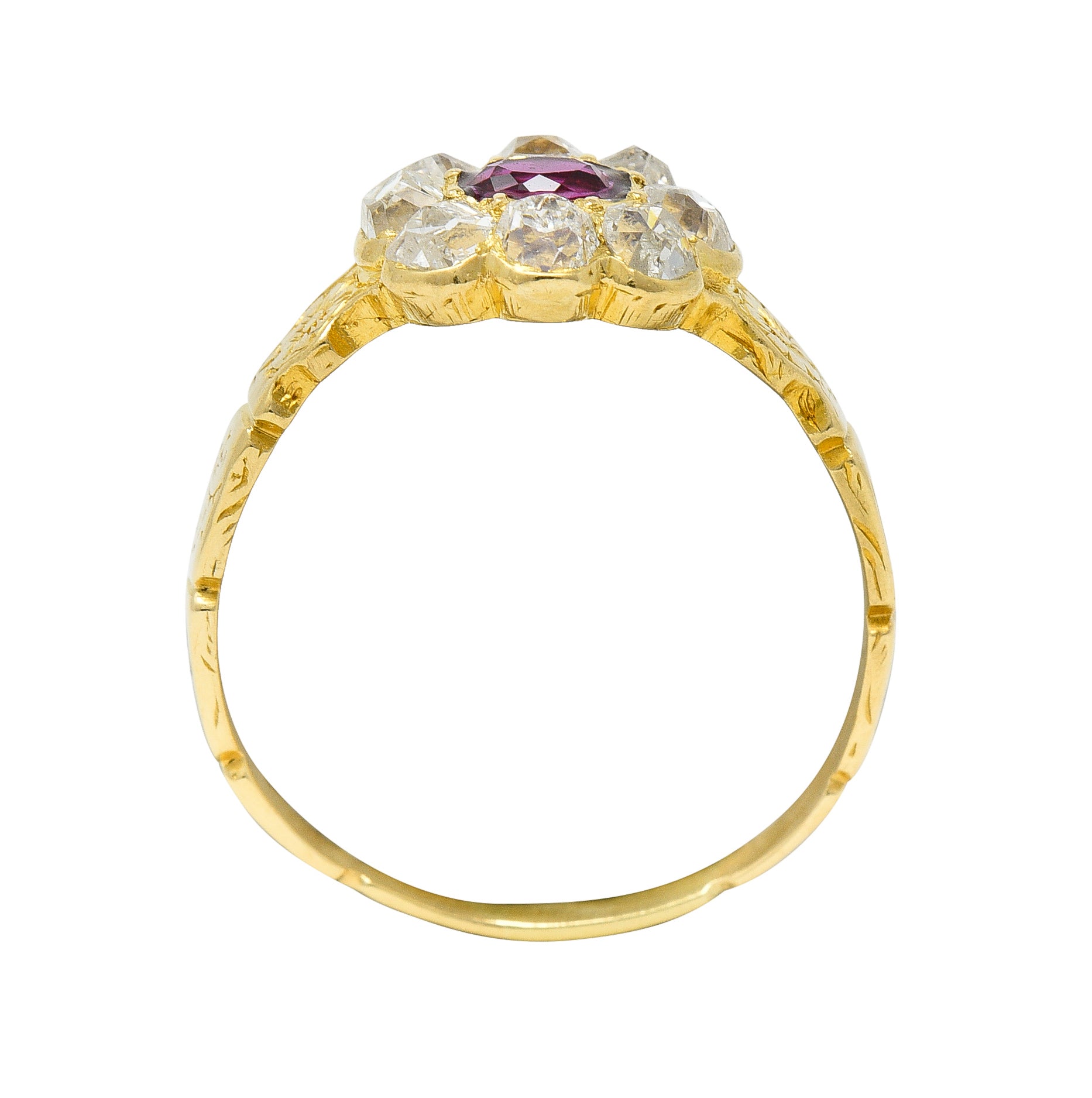 Victorian Cushion Cut Ruby Diamond 18 Karat Yellow Gold Orange Blossom Antique Halo Cluster Ring Wilson's Estate Jewelry