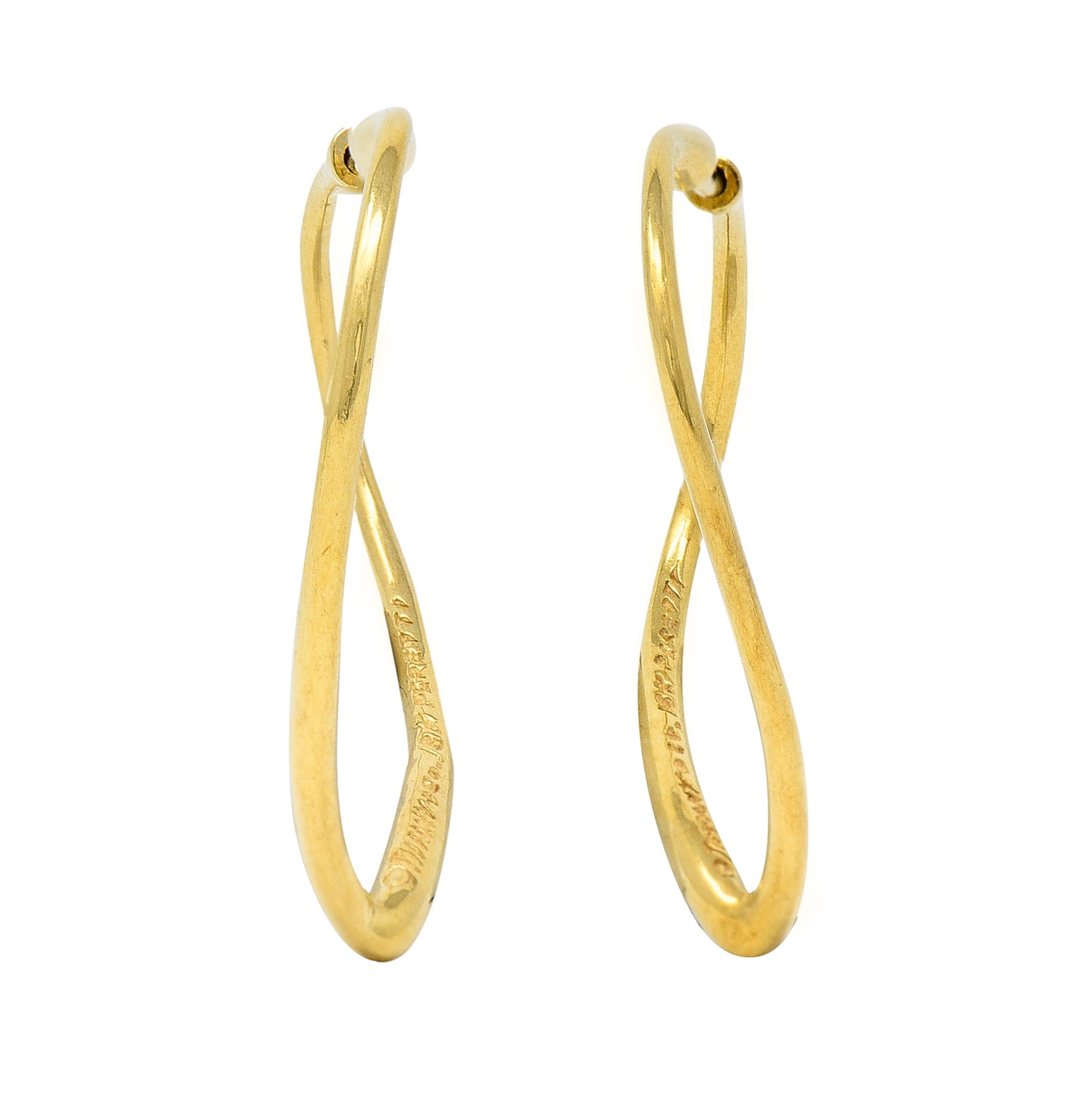 Elsa Peretti Tiffany & Co. 1990's 18 Karat Yellow Gold Open Heart Vintage Hoop Earrings Wilson's Estate Jewelry