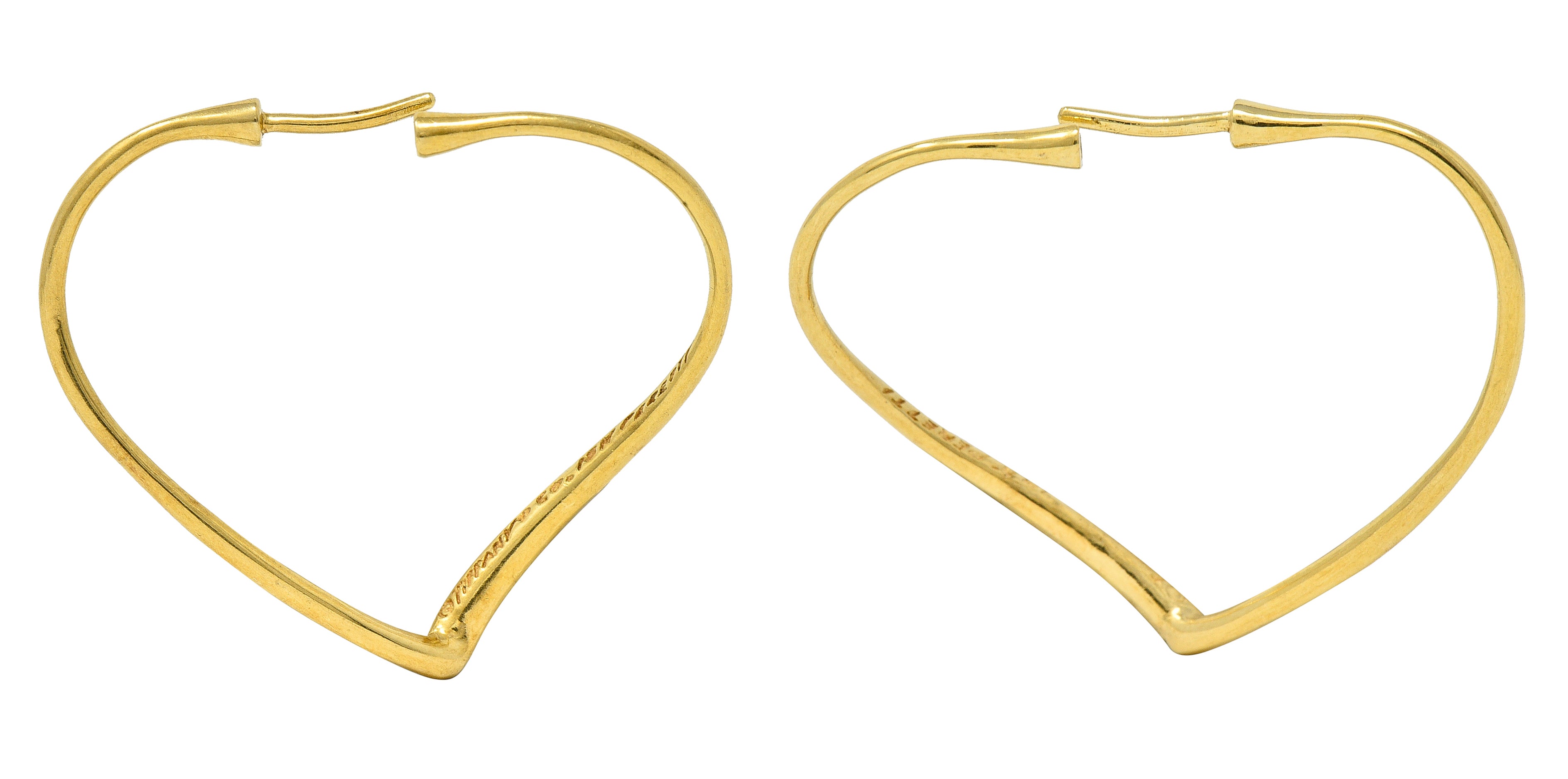 Elsa Peretti Tiffany & Co. 1990's 18 Karat Yellow Gold Open Heart Vintage Hoop Earrings Wilson's Estate Jewelry