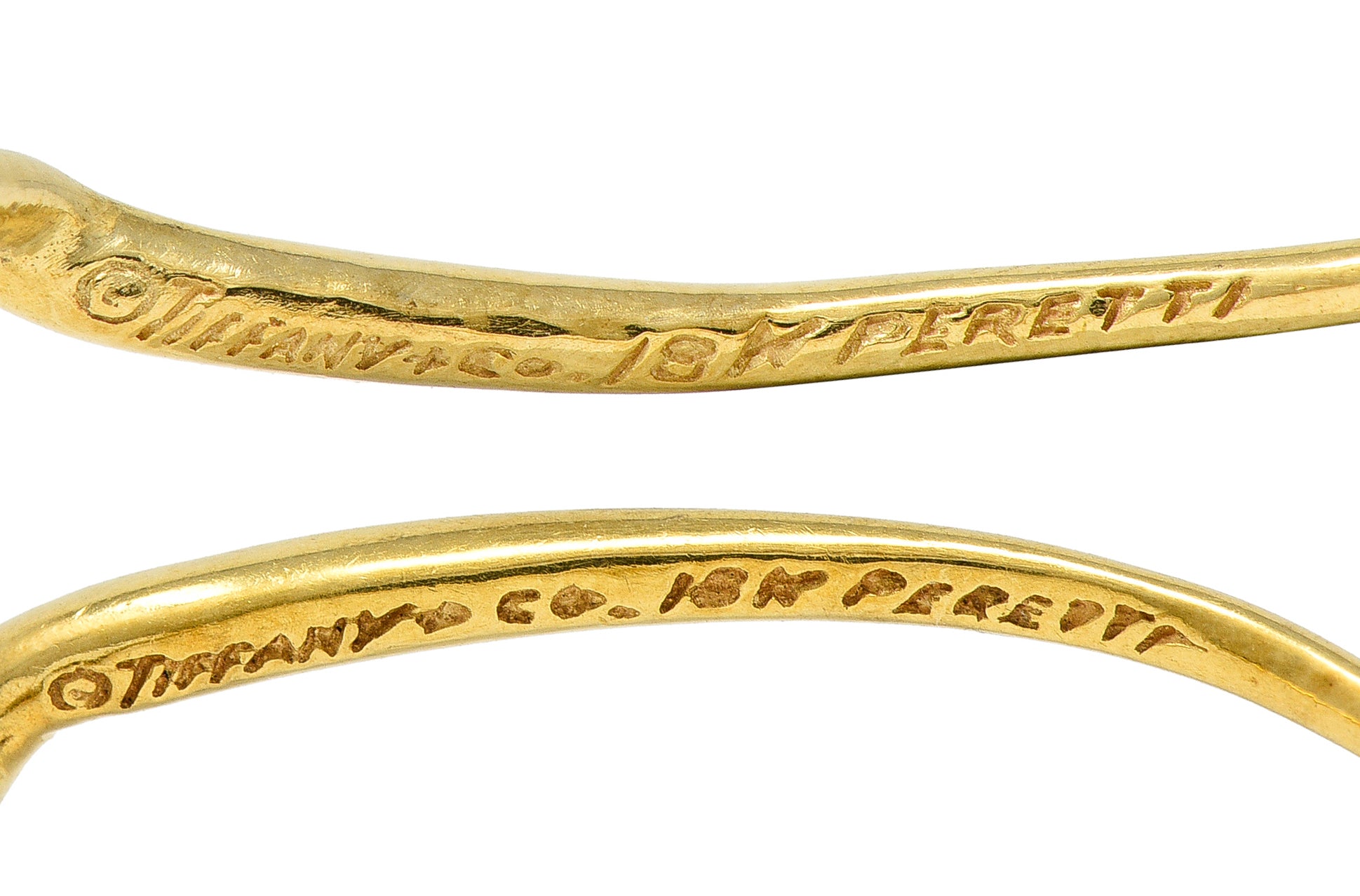 Elsa Peretti Tiffany & Co. 1990's 18 Karat Yellow Gold Open Heart Vintage Hoop Earrings Wilson's Estate Jewelry