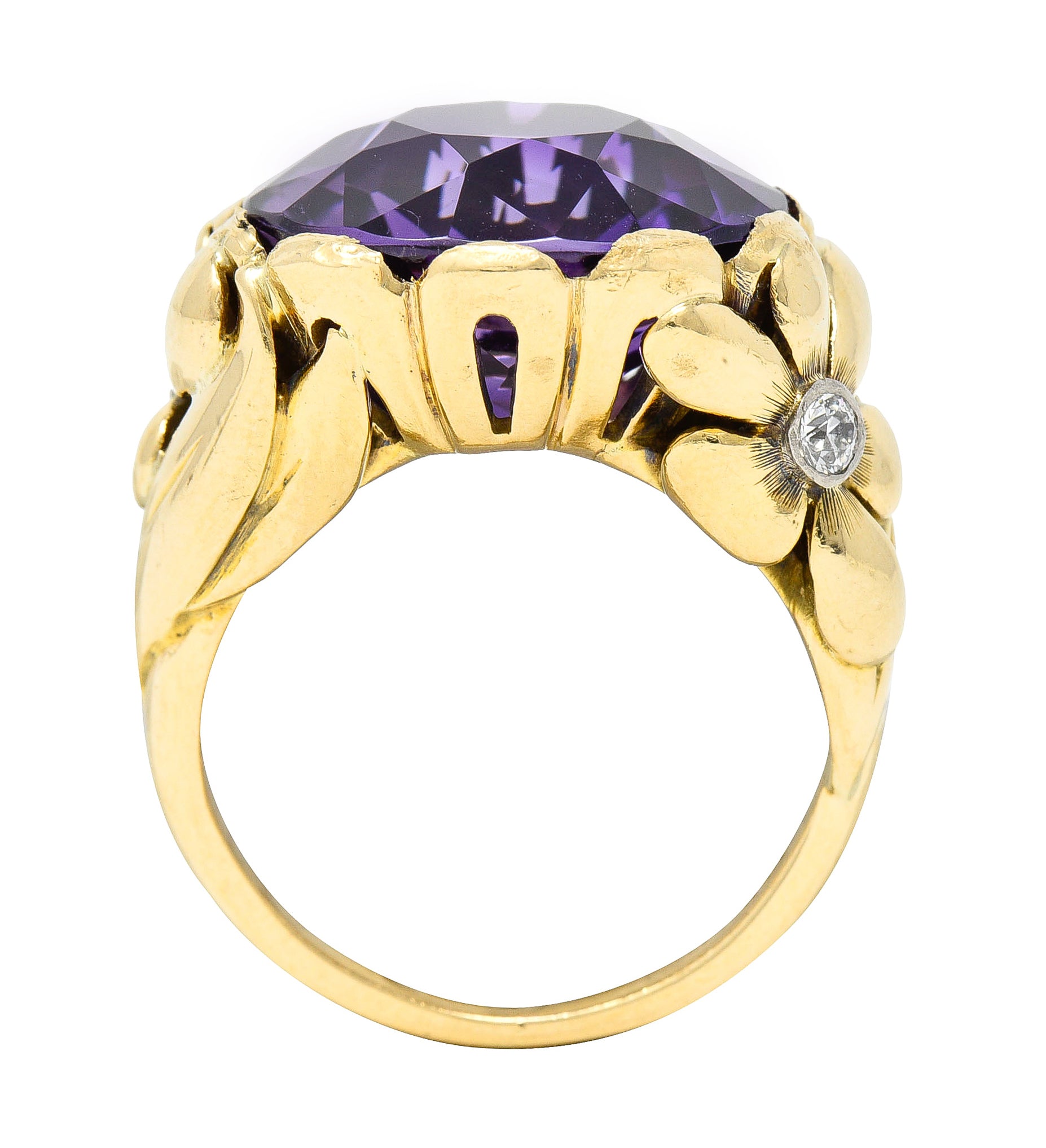 1940's Diamond Amethyst 14 Karat Two-Tone Gold Daisy Floral Retro Vintage Cocktail Ring Wilson's Estate Jewelry