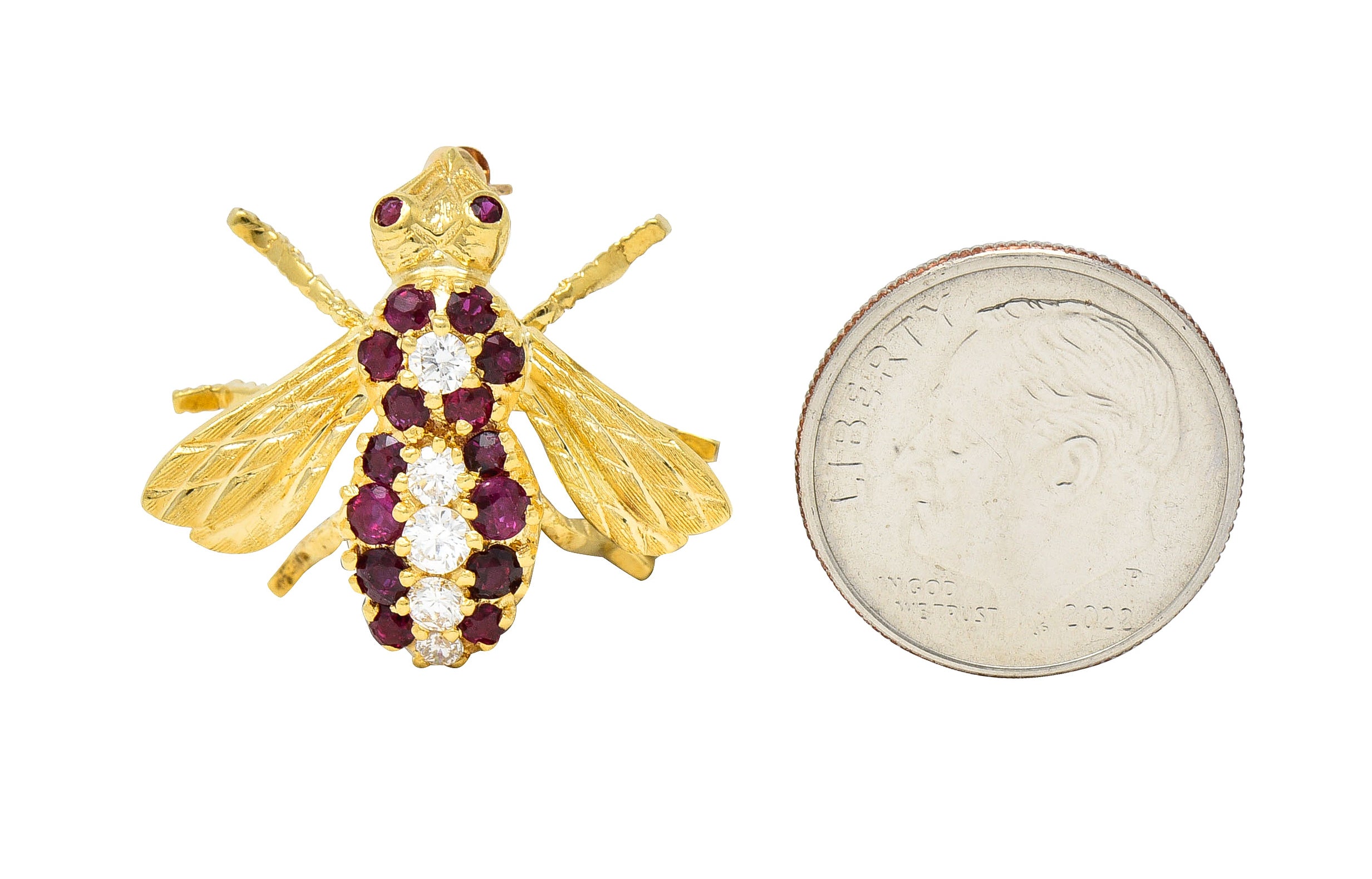 Rosenthal 1960s Diamond Ruby 18 Karat Yellow Gold Bee Vintage Brooch Wilson's Estate Jewelry