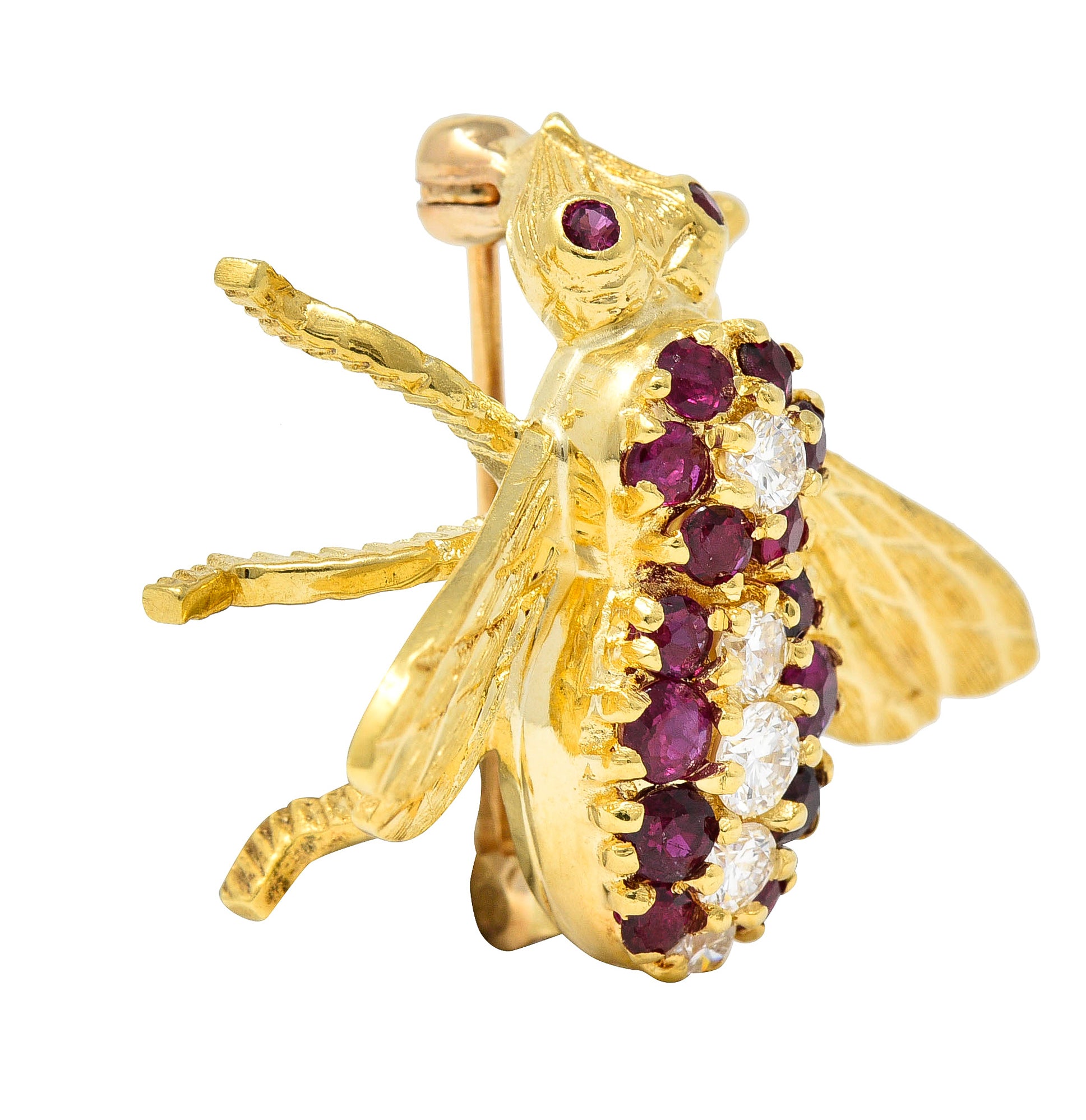 Rosenthal 1960s Diamond Ruby 18 Karat Yellow Gold Bee Vintage Brooch Wilson's Estate Jewelry