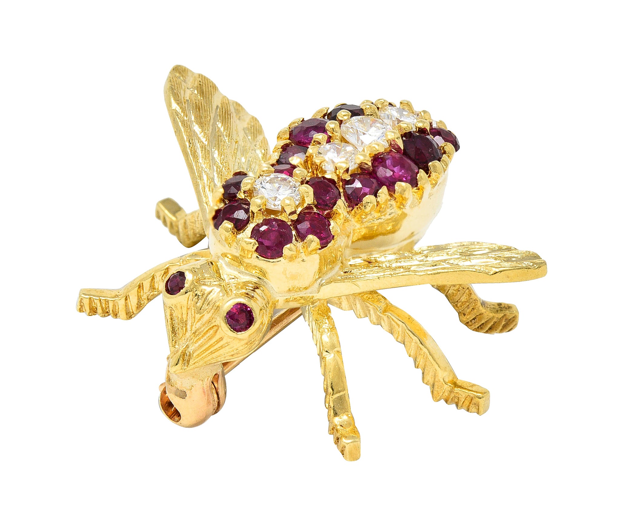 Rosenthal 1960s Diamond Ruby 18 Karat Yellow Gold Bee Vintage Brooch Wilson's Estate Jewelry