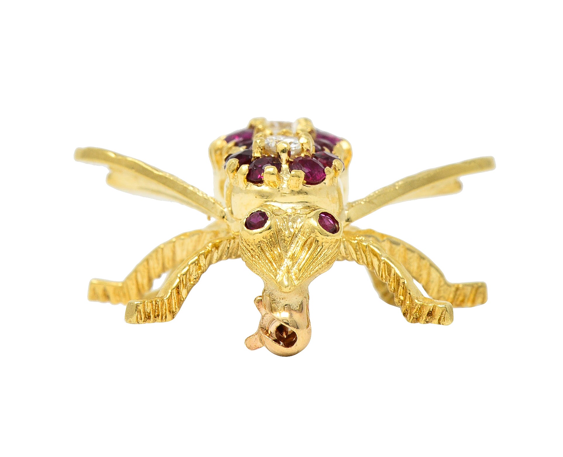 Rosenthal 1960s Diamond Ruby 18 Karat Yellow Gold Bee Vintage Brooch Wilson's Estate Jewelry