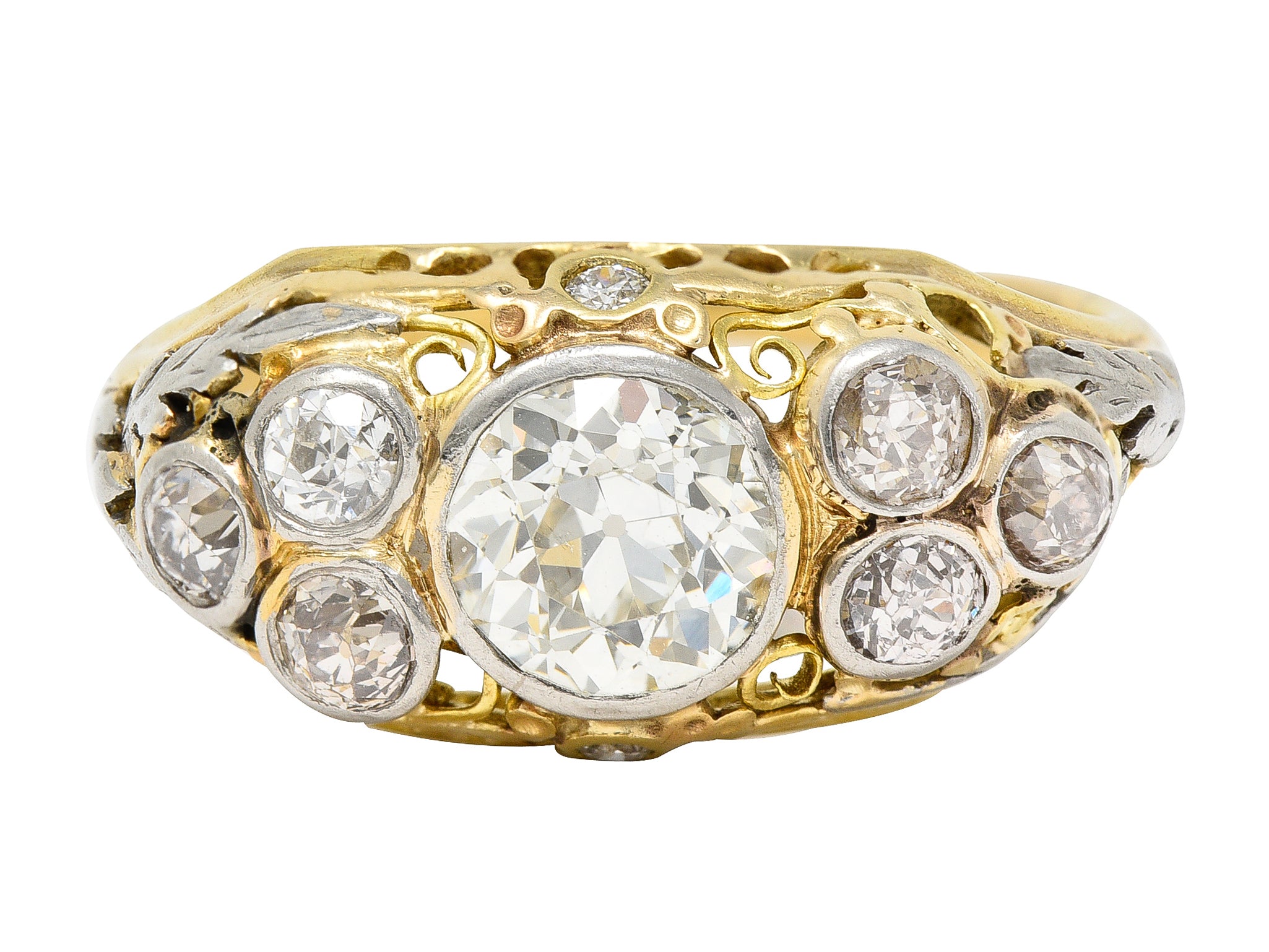 .11111 Arts & Crafts 1.95 CTW Old European Cut Diamond Platinum-Topped 14 Karat Yellow Gold Scrolling Foliate Antique Engagement Ring Wilson's Estate Jewelry