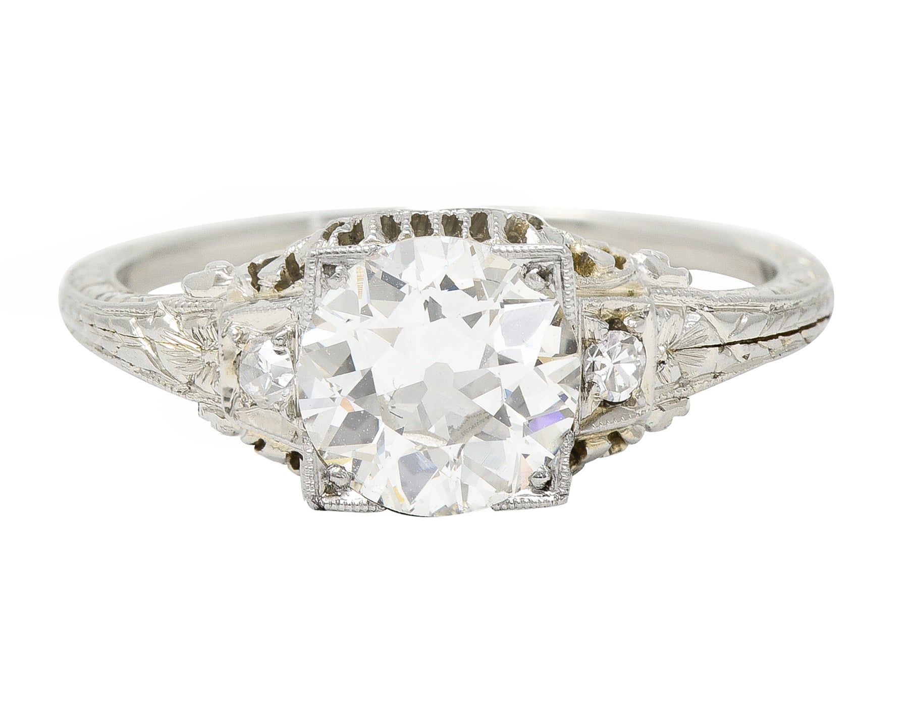 Art Deco 1.23 CTW Old European Cut Diamond 18 Karat White Gold Floral Square Form Engagement Ring GIA Wilson's Estate Jewelry