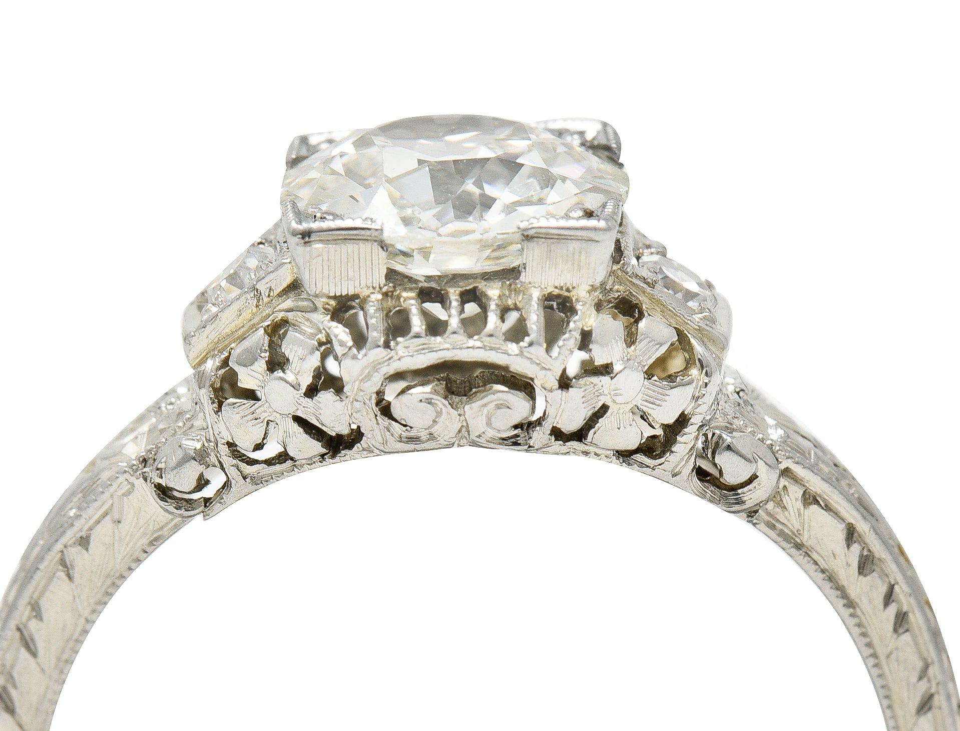 Art Deco 1.23 CTW Old European Cut Diamond 18 Karat White Gold Floral Square Form Engagement Ring GIA Wilson's Estate Jewelry