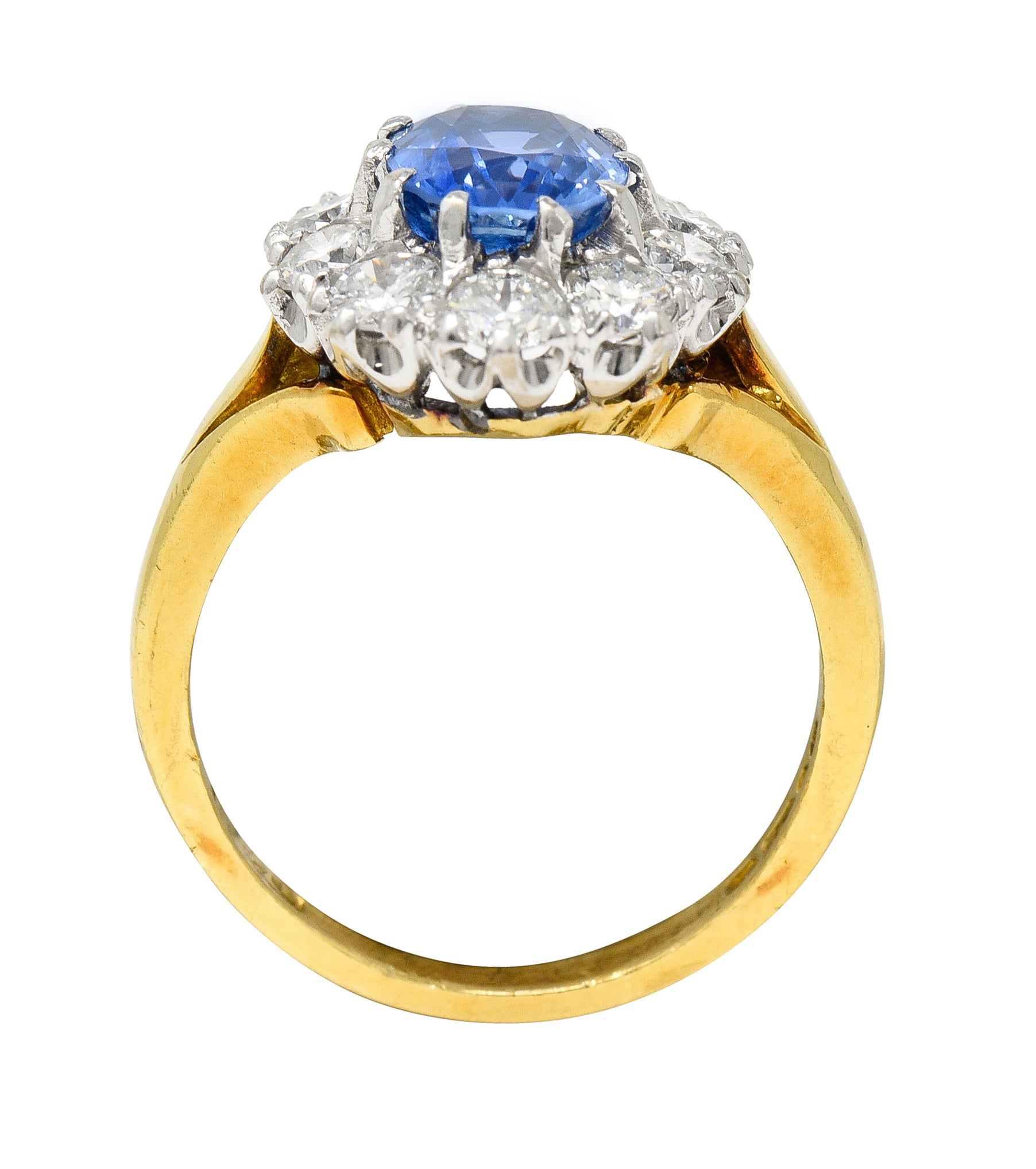 1980's 3.05 CTW Oval Cut No Heat Ceylon Sapphire Diamond 18 Karat Two-Tone Gold Vintage Halo Ring GIA Wilson's Estate Jewelry