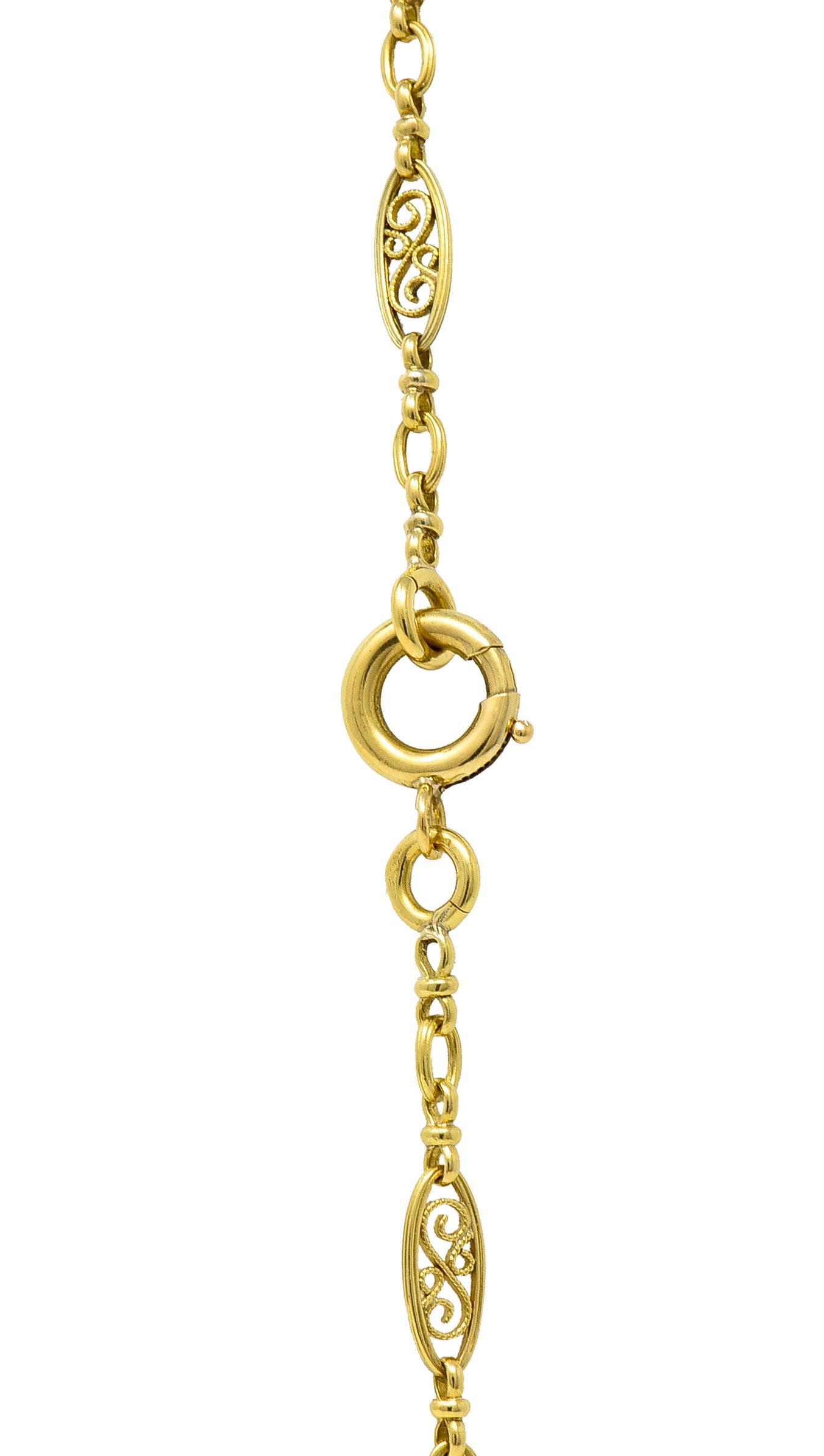 Victorian French 18 Karat Yellow Gold Scrolling Navette Link 40 IN Long Antique Chain Necklace Wilson's Estate Jewelry