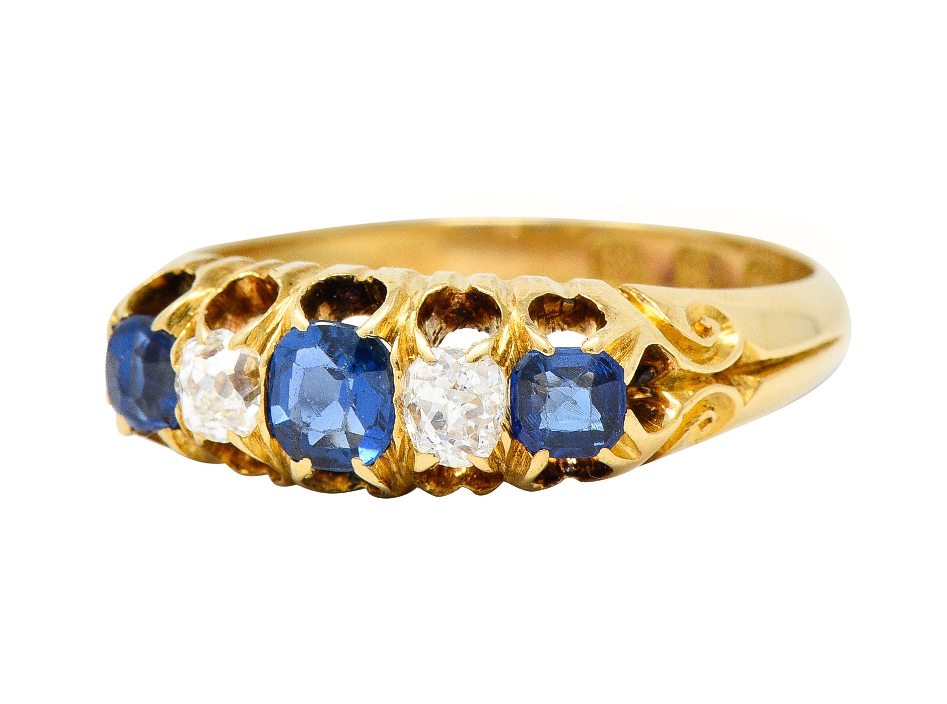 1835 Victorian 1.02 CTW Old Mine Cut Diamond Sapphire 18 Karat Yellow Gold Scrolling Belcher Set Antique Band Ring Wilson's Estate Jewelry