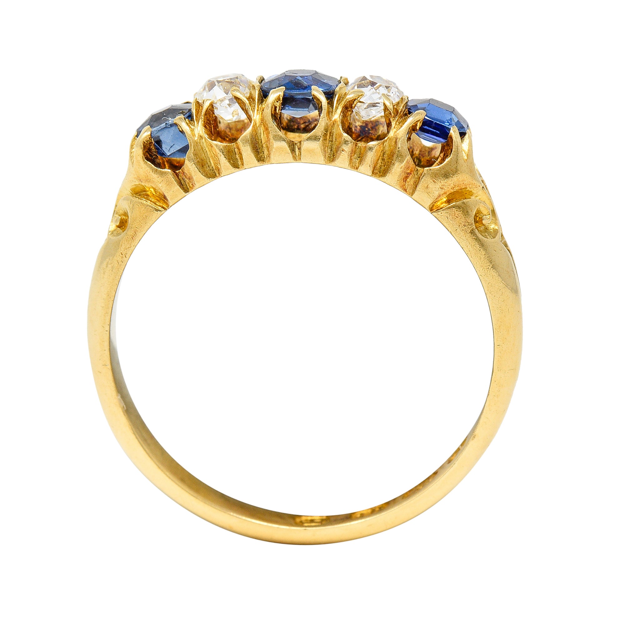 1835 Victorian 1.02 CTW Old Mine Cut Diamond Sapphire 18 Karat Yellow Gold Scrolling Belcher Set Antique Band Ring Wilson's Estate Jewelry