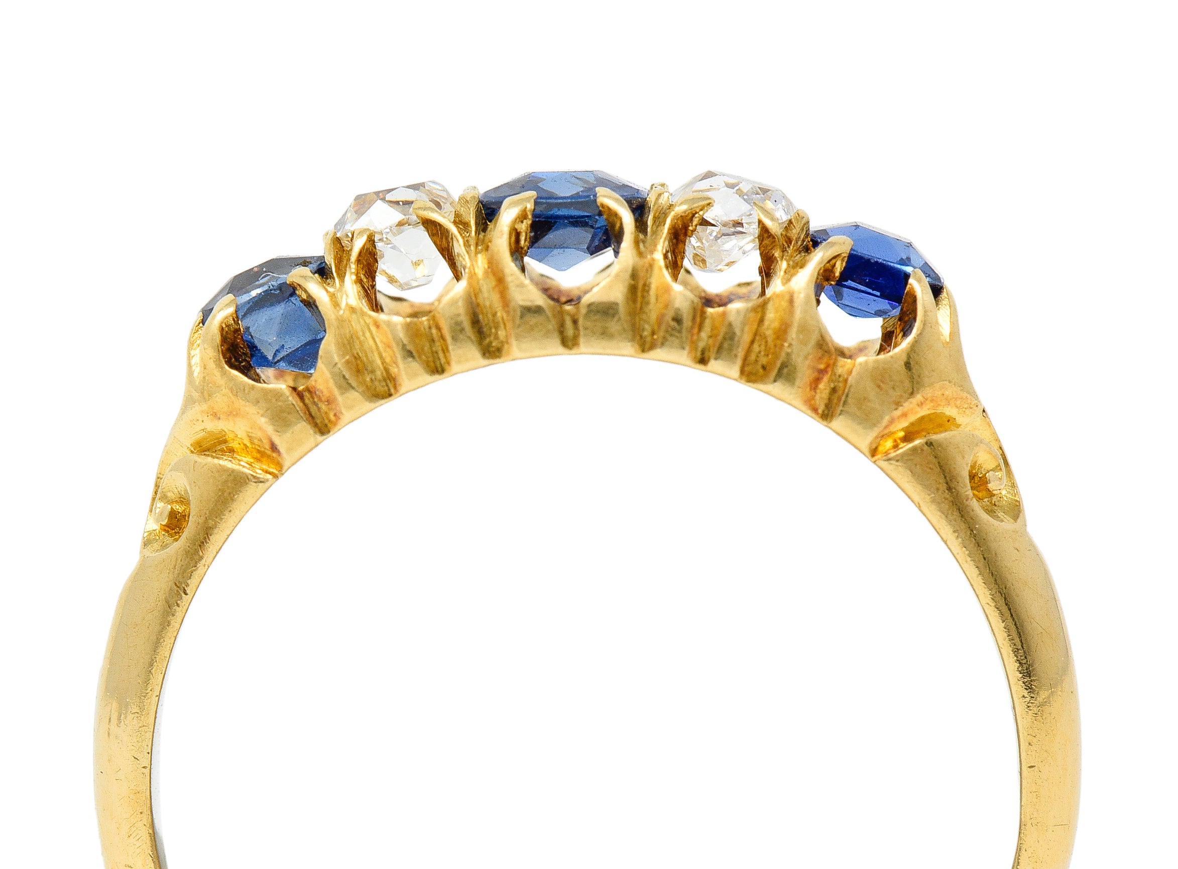 1835 Victorian 1.02 CTW Old Mine Cut Diamond Sapphire 18 Karat Yellow Gold Scrolling Belcher Set Antique Band Ring Wilson's Estate Jewelry