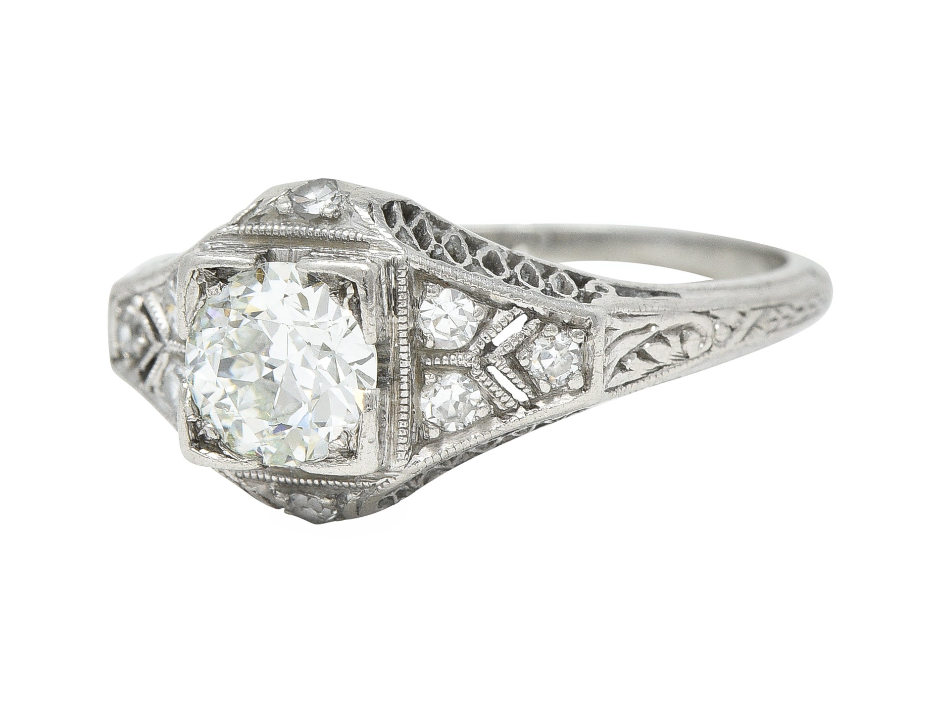 Art Deco 0.66 CTW Old European Cut Diamond Platinum Square Form Lattice Vintage Engagement Ring Wilson's Estate Jewelry