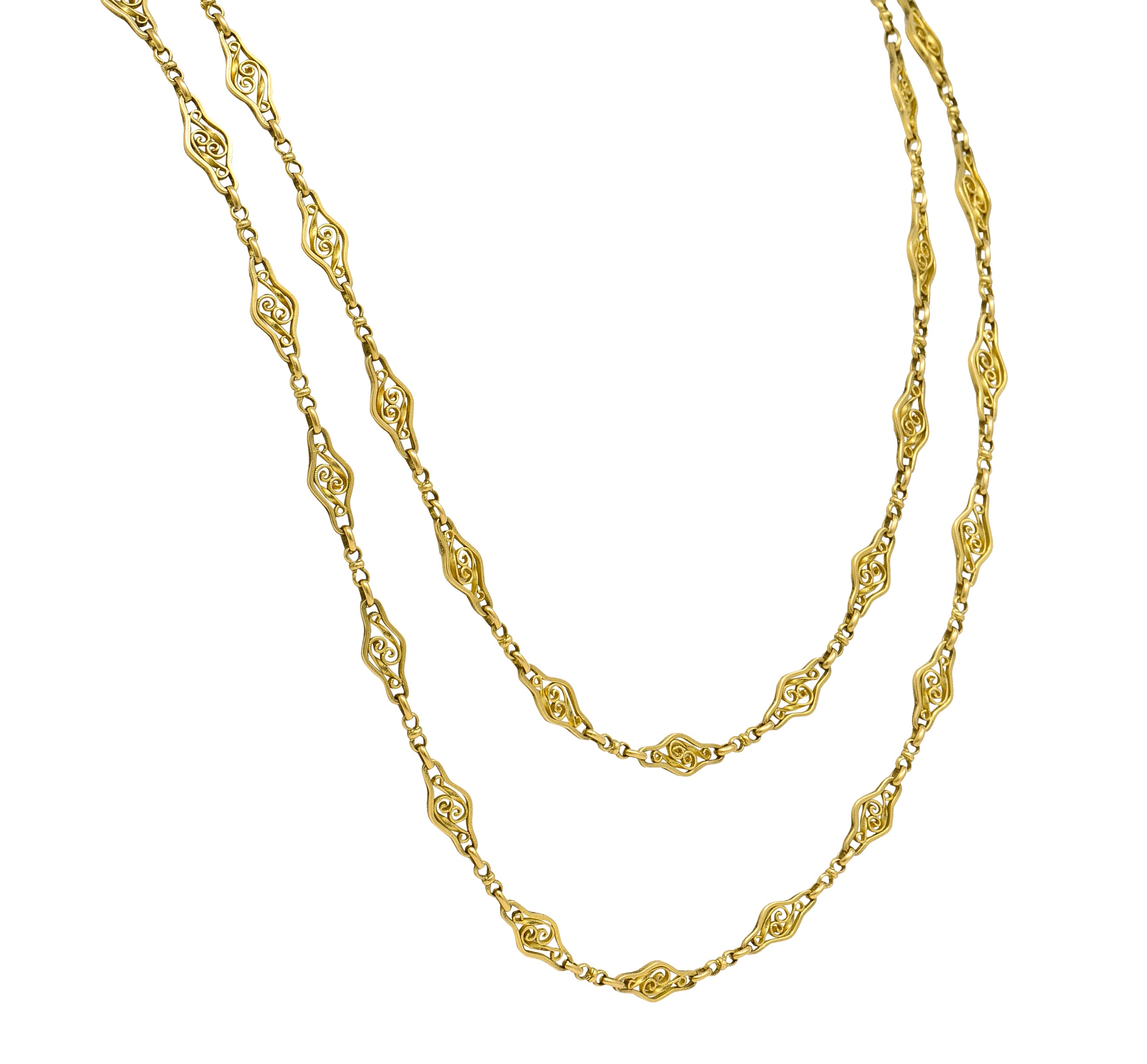 French 18 Karat Yellow Gold Victorian Scrolling Navette Link 60 IN Long Antique Chain Necklace Wilson's Estate Jewelry