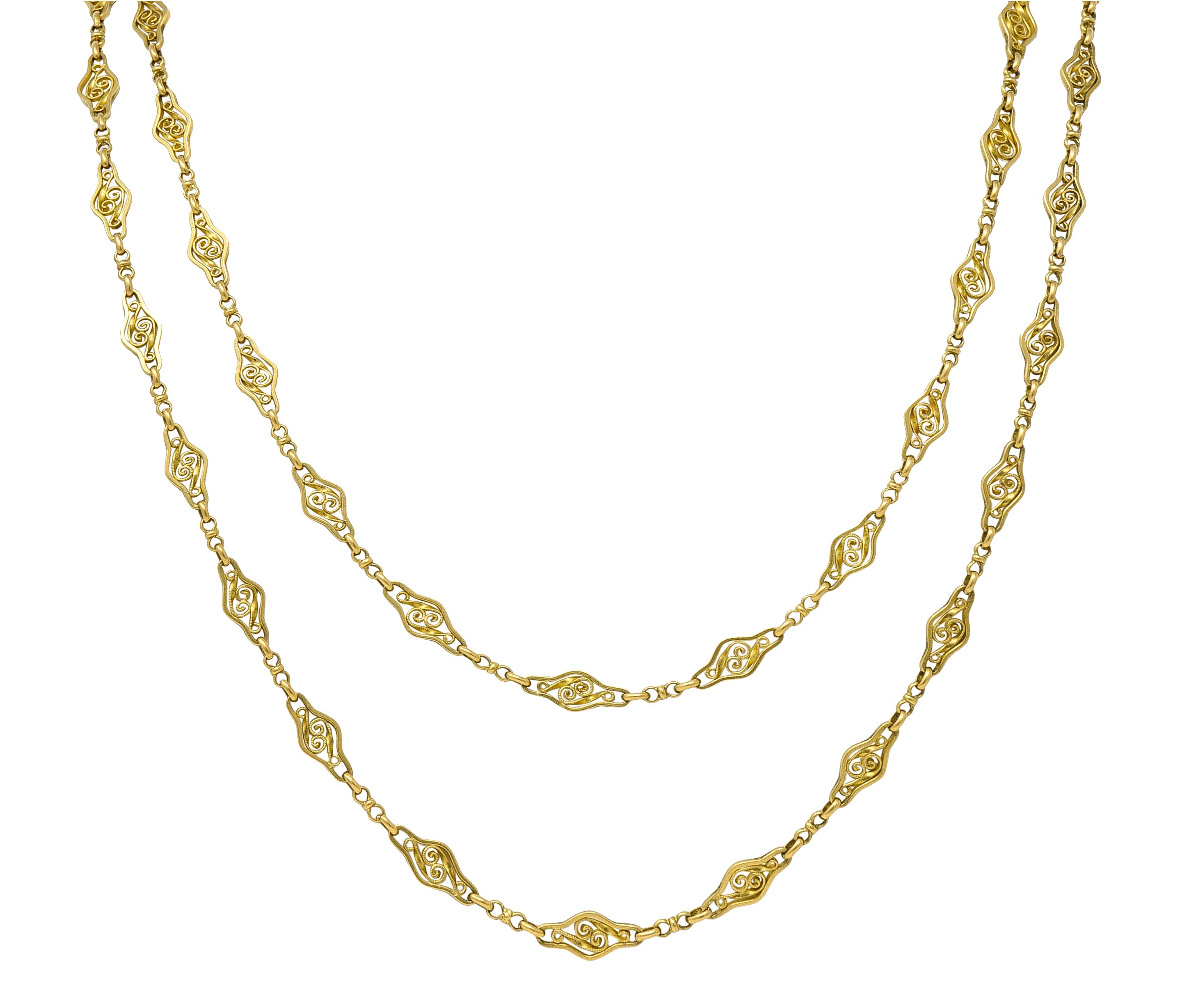 French 18 Karat Yellow Gold Victorian Scrolling Navette Link 60 IN Long Antique Chain Necklace Wilson's Estate Jewelry