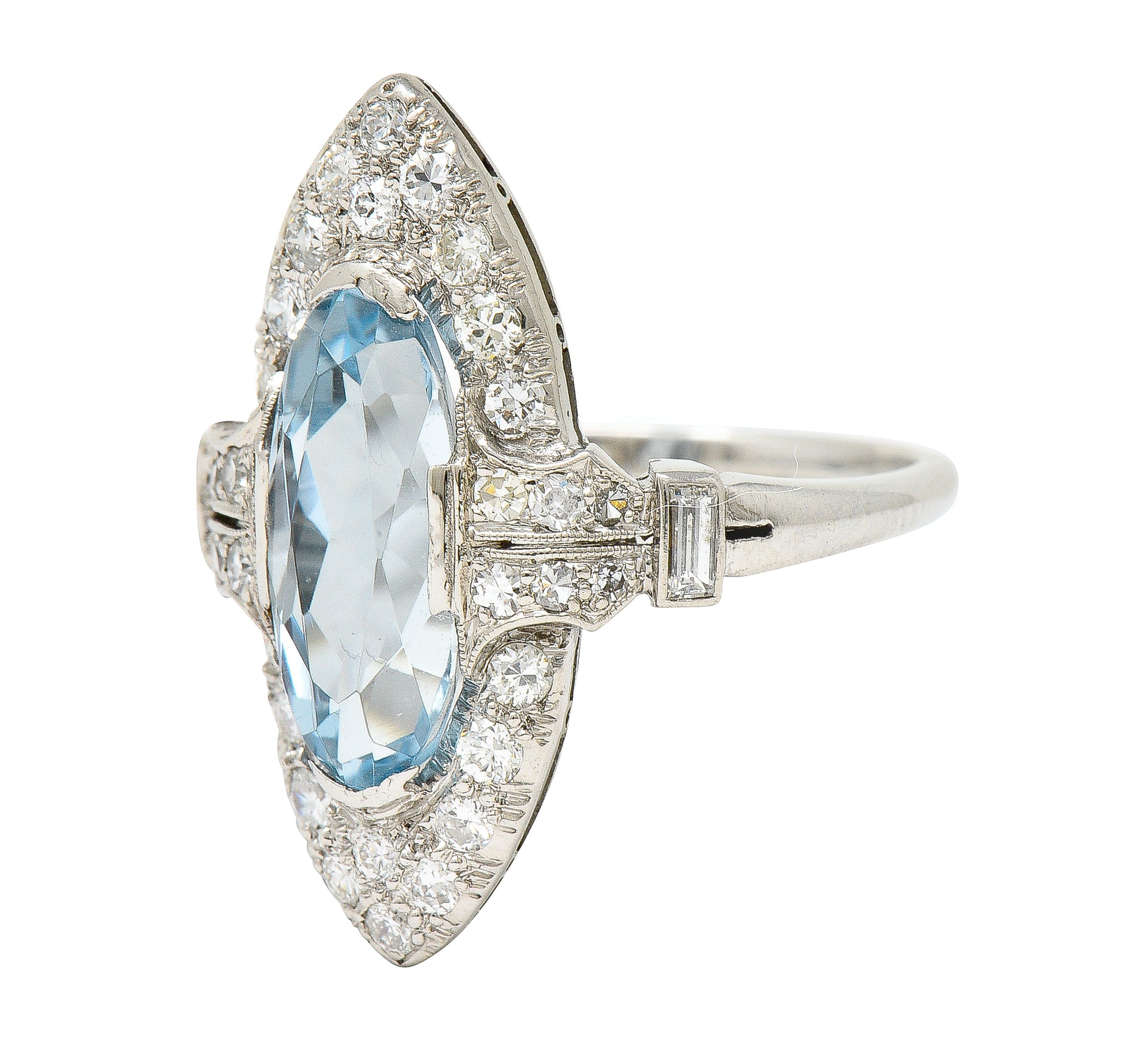 Art Deco 4.10 CTW Aquamarine Diamond Platinum Navette Cluster Dinner Ring Wilson's Estate Jewelry