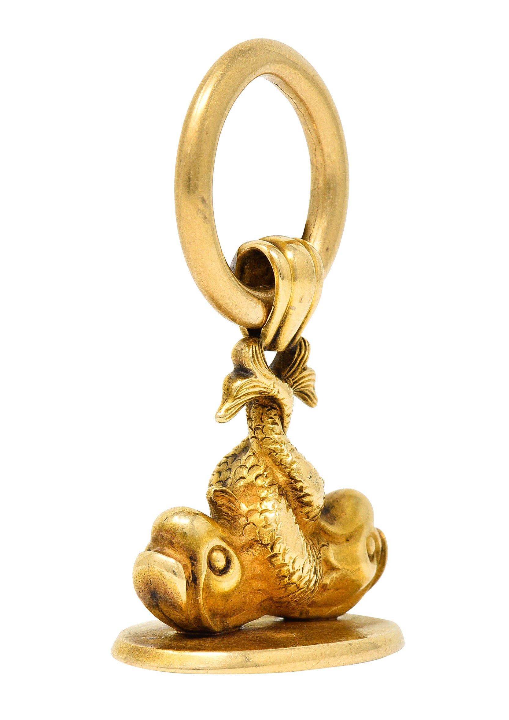 Victorian 14 Karat Yellow Gold Entwined Fish Antique Pisces Zodiac 'S' Fob Pendant Wilson's Estate Jewelry