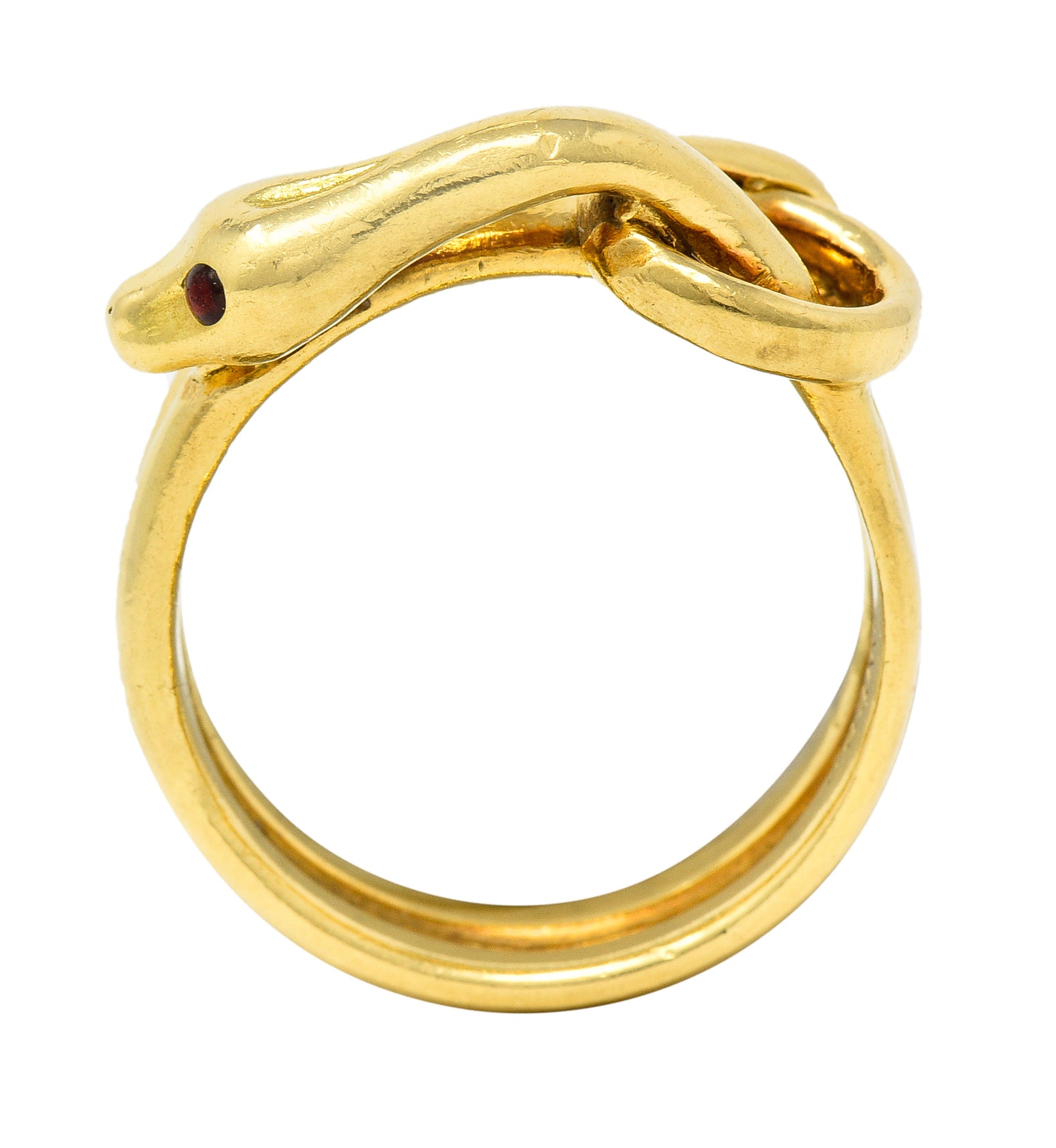 David Webb 1970's Ruby 18 Karat Yellow Gold Knotted Snake Vintage Band Ring Wilson's Estate Jewelry