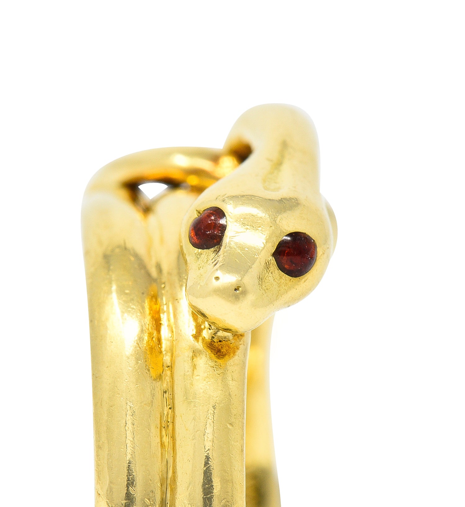 David Webb 1970's Ruby 18 Karat Yellow Gold Knotted Snake Vintage Band Ring Wilson's Estate Jewelry