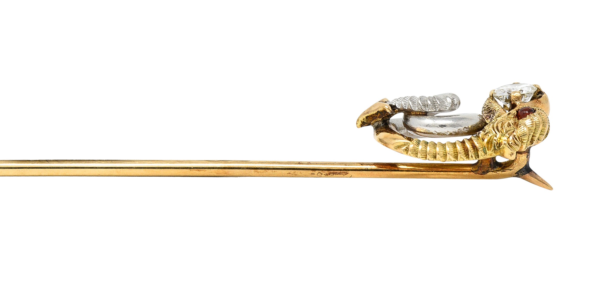 Art Nouveau Diamond Garnet Platinum 14 Karat Yellow Gold Serpent Antique Stickpin Wilson's Estate Jewelry