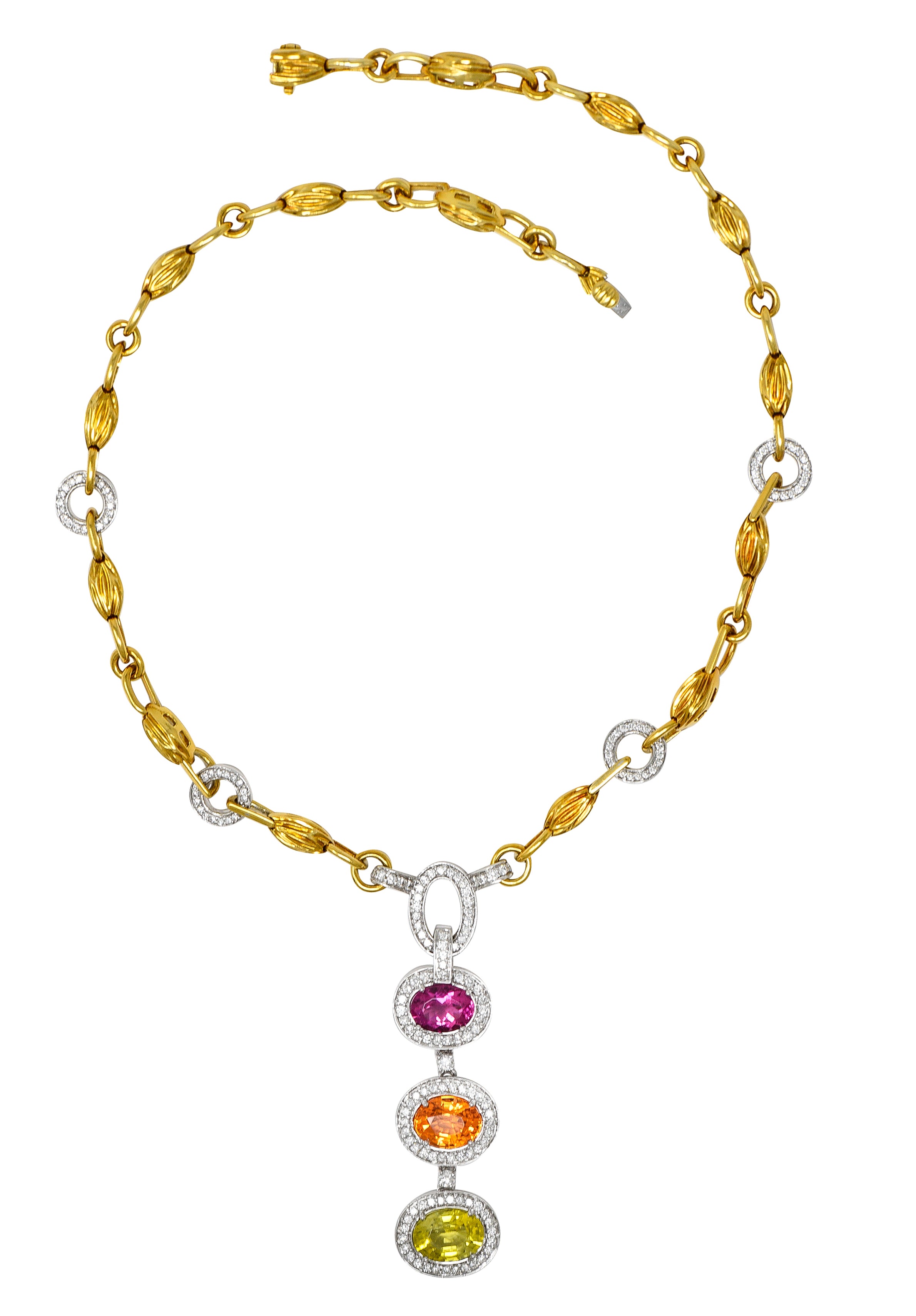 Spark Creations Diamond Tourmaline Chrysoberyl Spessartite Garnet 18 Karat Two-Tone Gold Station Drop Necklace Wilson's Estate Jewelry