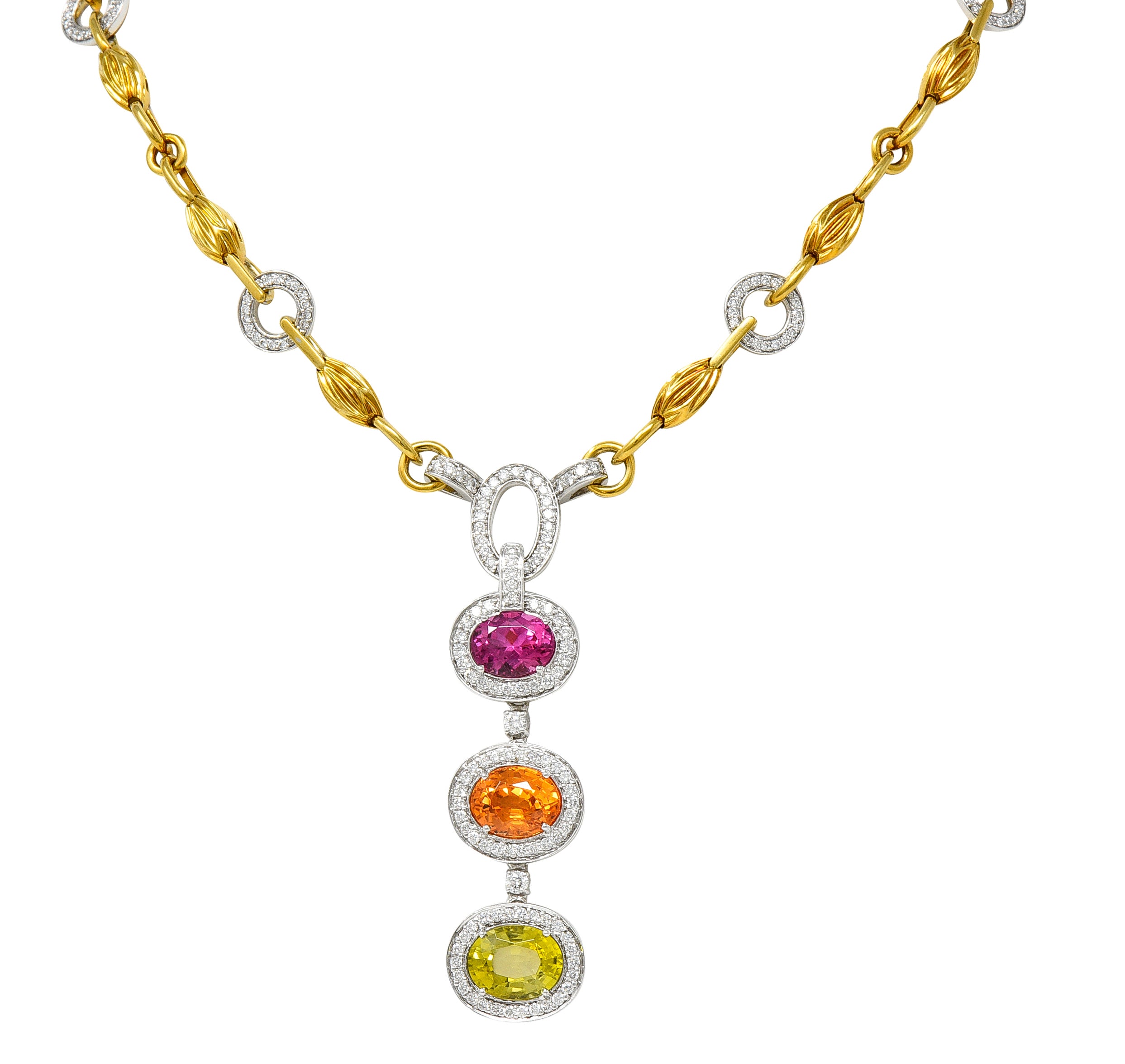 Spark Creations Diamond Tourmaline Chrysoberyl Spessartite Garnet 18 Karat Two-Tone Gold Station Drop Necklace Wilson's Estate Jewelry