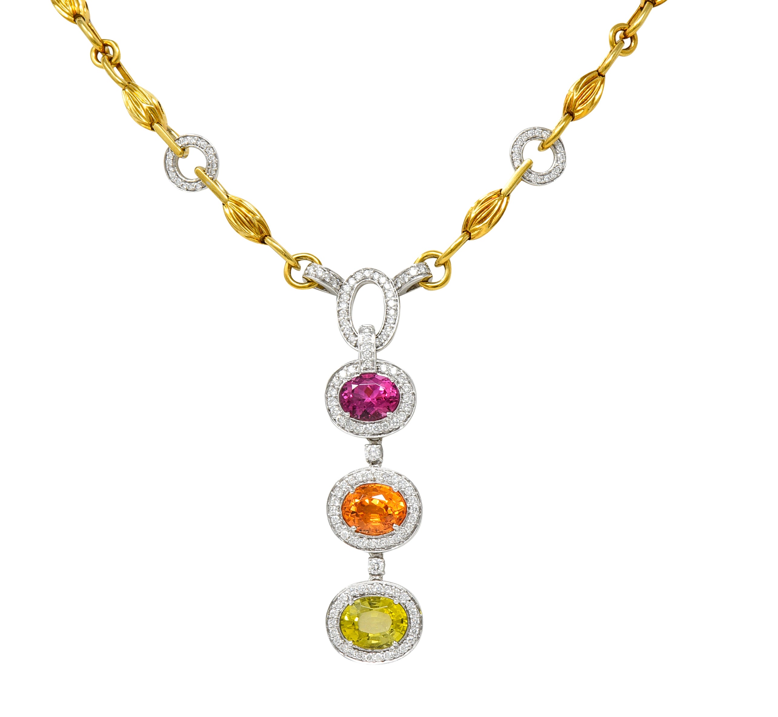 Spark Creations Diamond Tourmaline Chrysoberyl Spessartite Garnet 18 Karat Two-Tone Gold Station Drop Necklace Wilson's Estate Jewelry