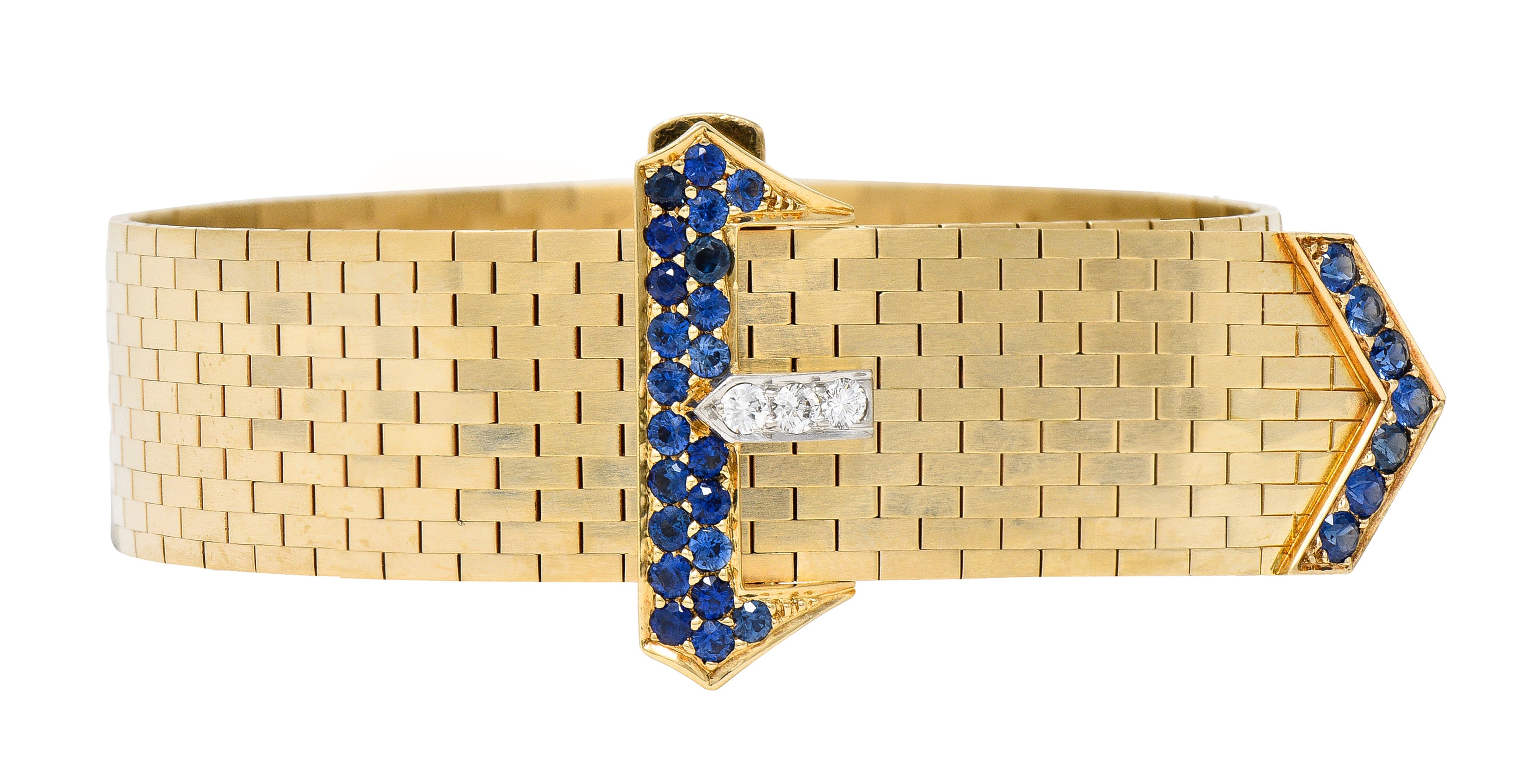 Tiffany & Co. Sapphire Diamond Platinum 14 Karat Yellow Gold Woven Mesh Belt Buckle Vintage Bracelet Wilson's Estate Jewelry