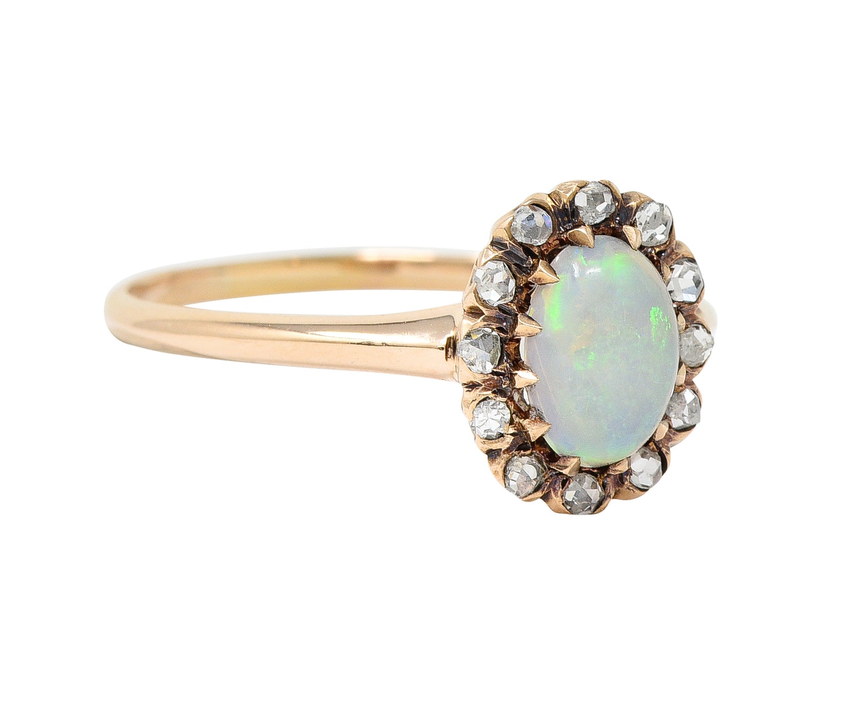 .11111 Victorian Opal Cabochon Diamond 14 Karat Rose Gold Antique Halo Ring Wilson's Estate Jewelry