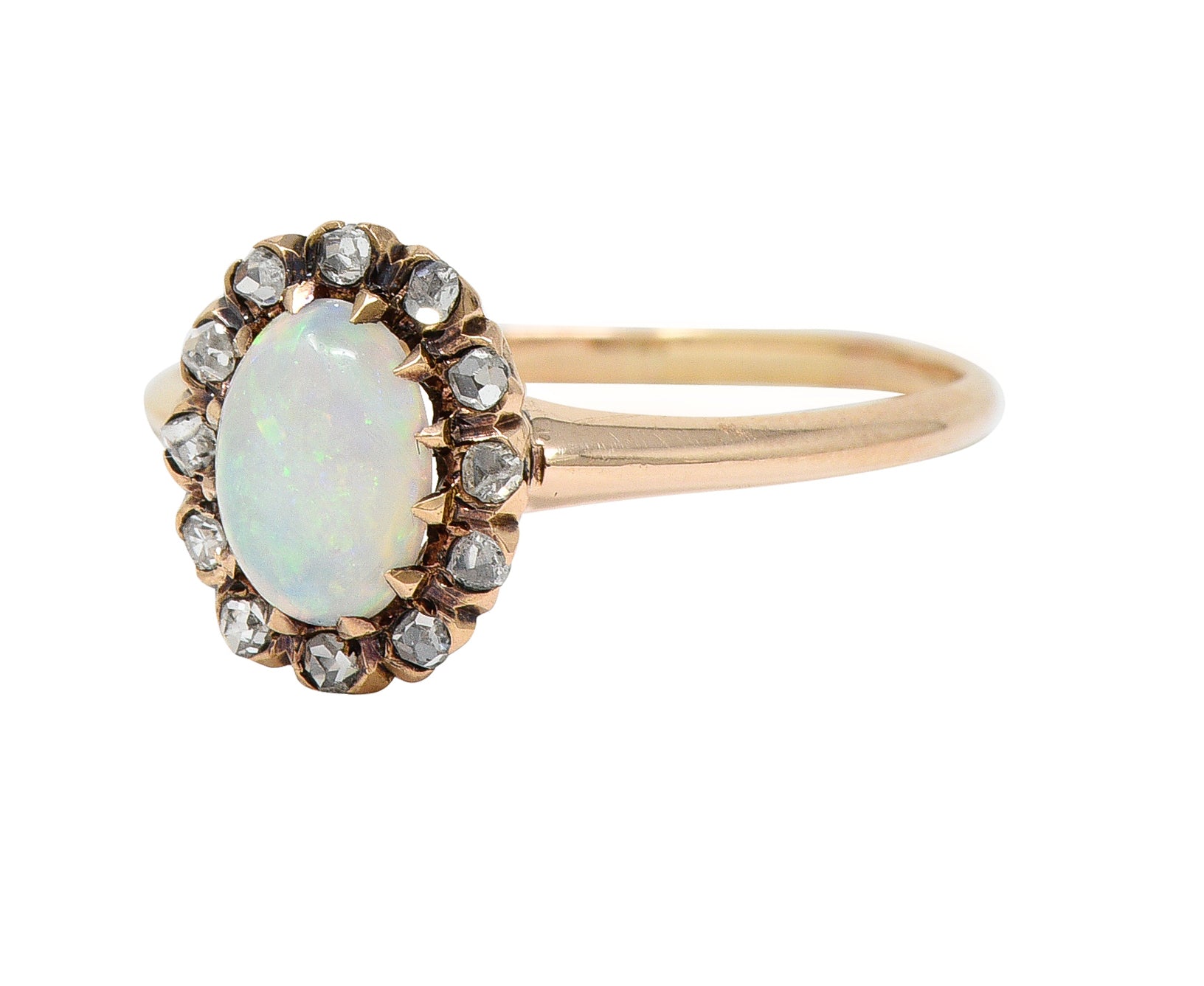 .11111 Victorian Opal Cabochon Diamond 14 Karat Rose Gold Antique Halo Ring Wilson's Estate Jewelry