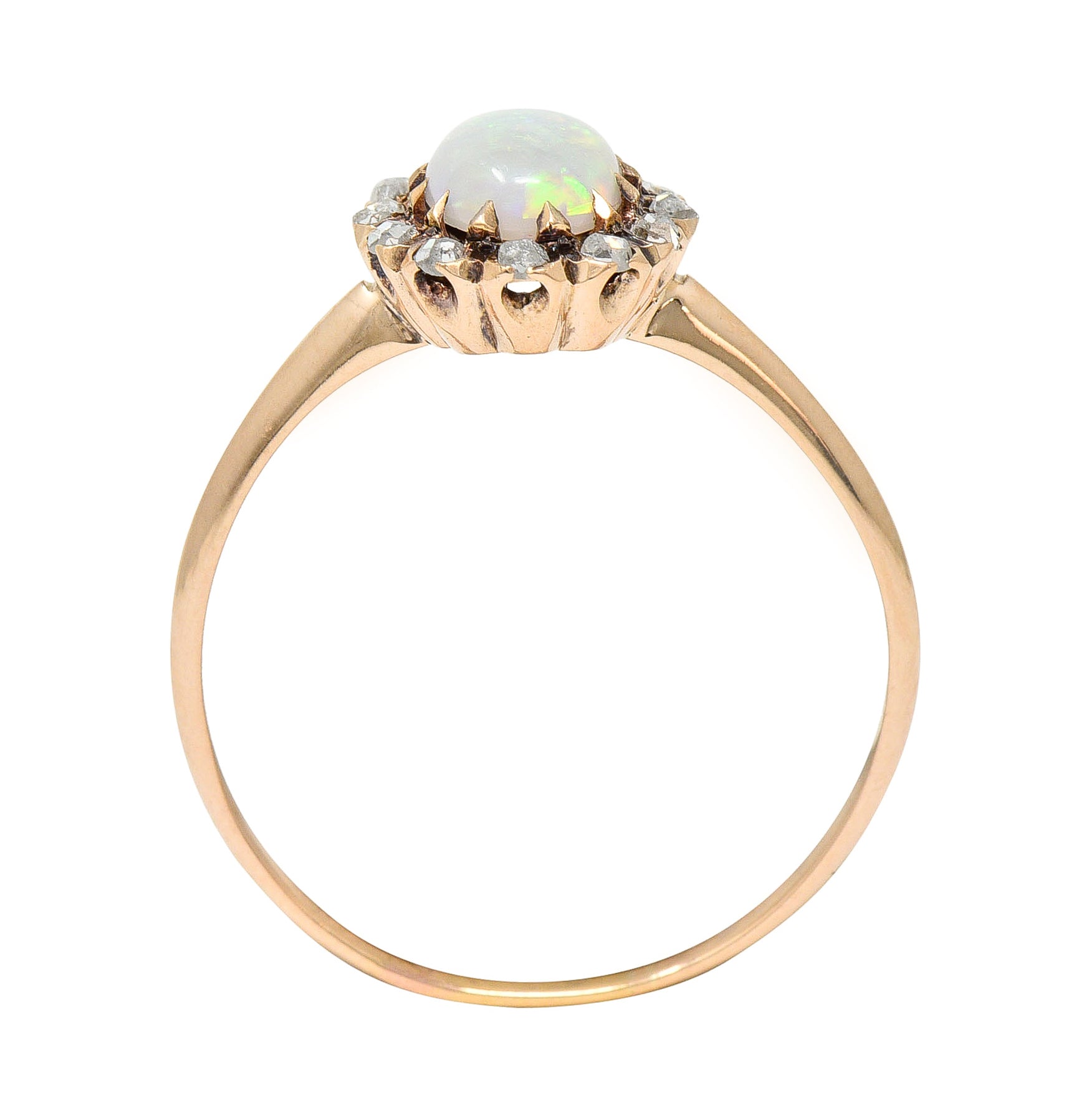 .11111 Victorian Opal Cabochon Diamond 14 Karat Rose Gold Antique Halo Ring Wilson's Estate Jewelry