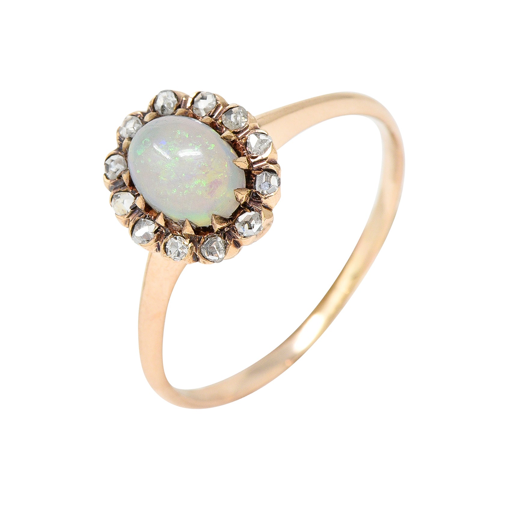 .11111 Victorian Opal Cabochon Diamond 14 Karat Rose Gold Antique Halo Ring Wilson's Estate Jewelry