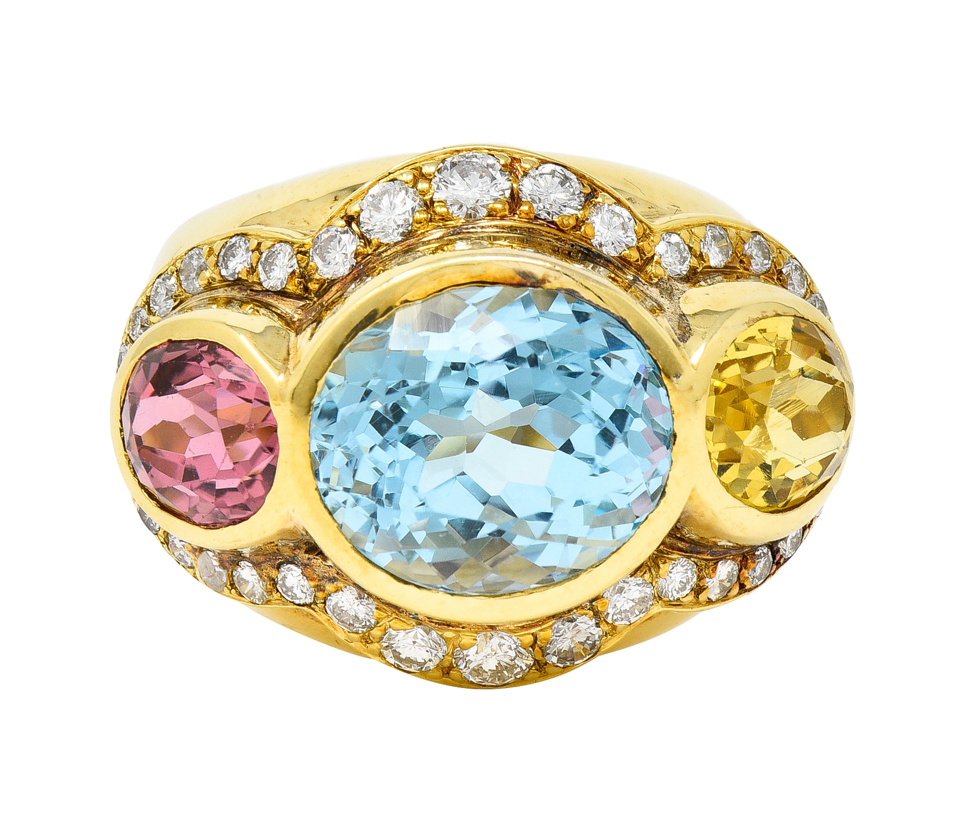 1980s 11.27 CTW Topaz Tourmaline Heliodor Diamond 18 Karat Yellow Gold Vintage Three Stone Cocktail Ring Wilson's Estate Jewelry