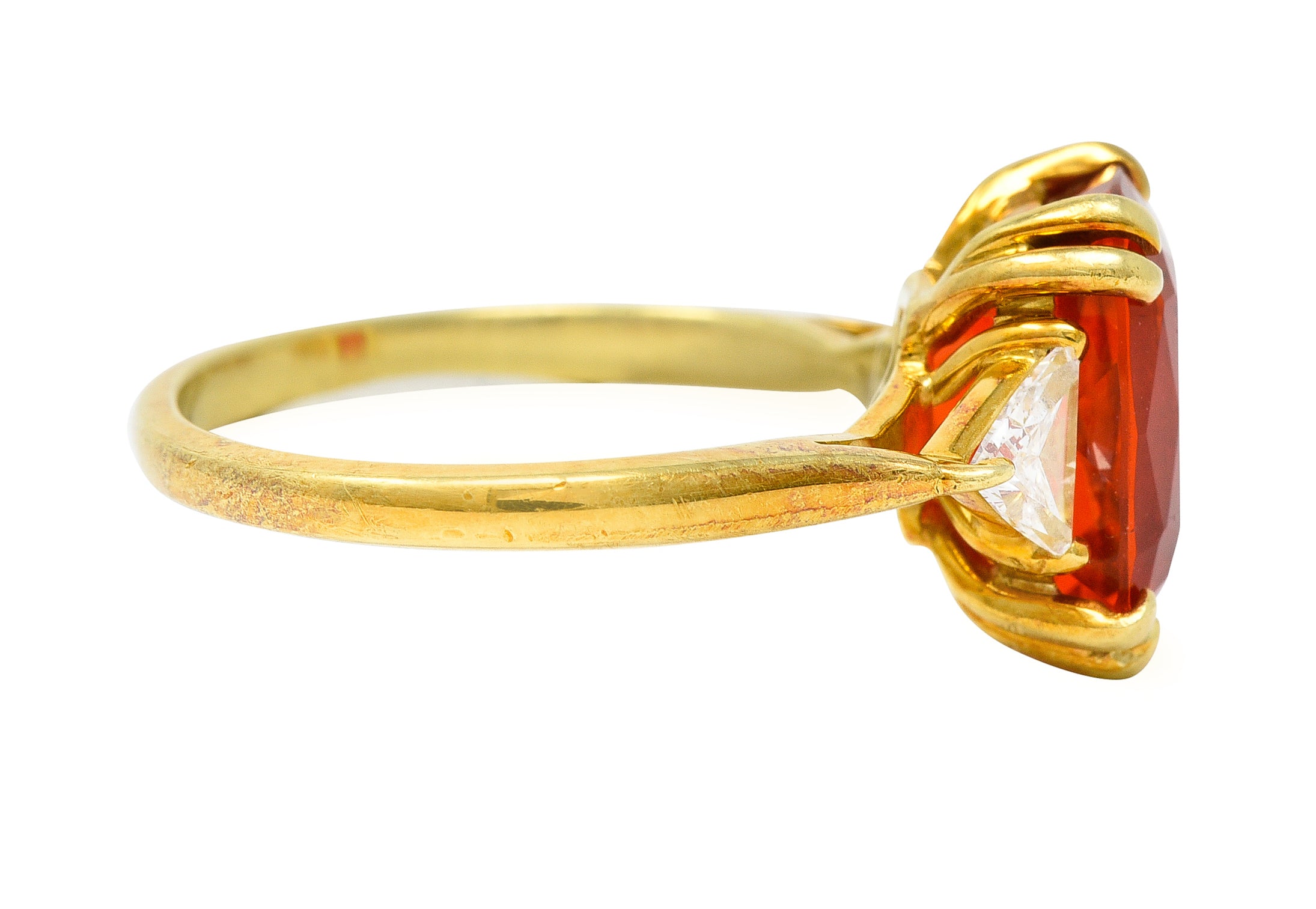 1980's 3.48 CTW Fire Opal Trillion Cut Diamond 18 Karat Yellow Gold Vintage Three Stone Ring Wilson's Estate Jewelry