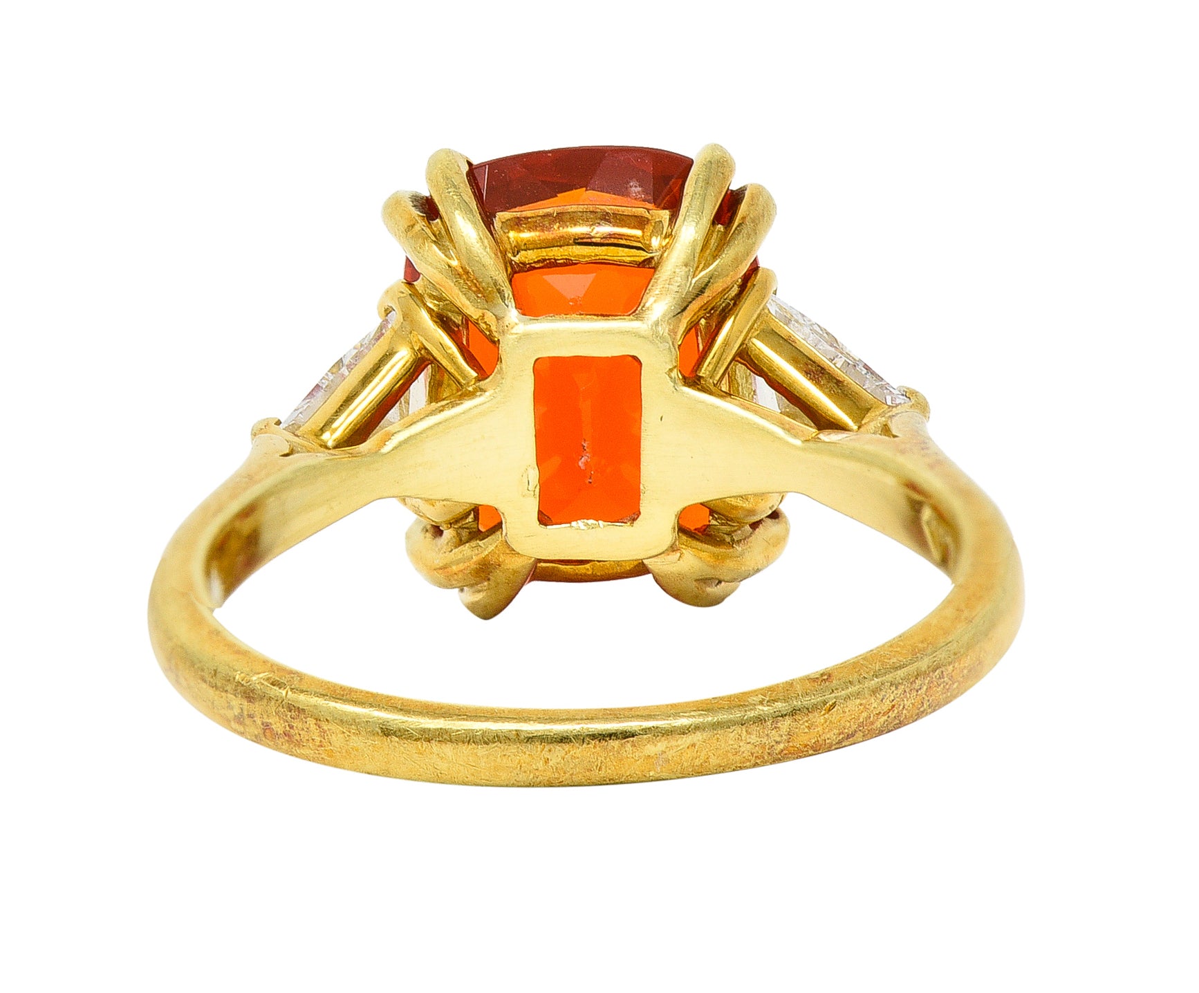 1980's 3.48 CTW Fire Opal Trillion Cut Diamond 18 Karat Yellow Gold Vintage Three Stone Ring Wilson's Estate Jewelry