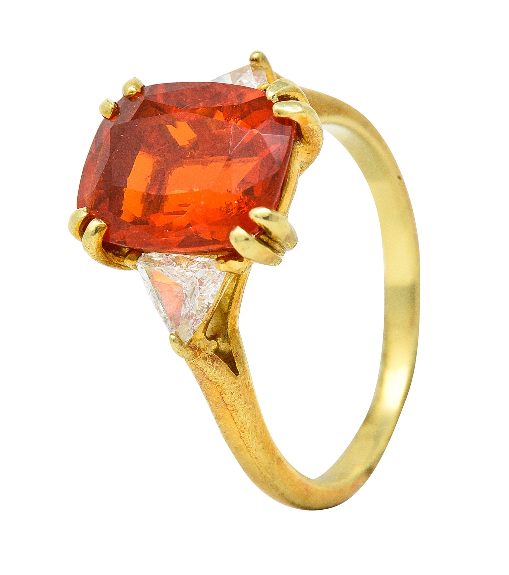 1980's 3.48 CTW Fire Opal Trillion Cut Diamond 18 Karat Yellow Gold Vintage Three Stone Ring Wilson's Estate Jewelry