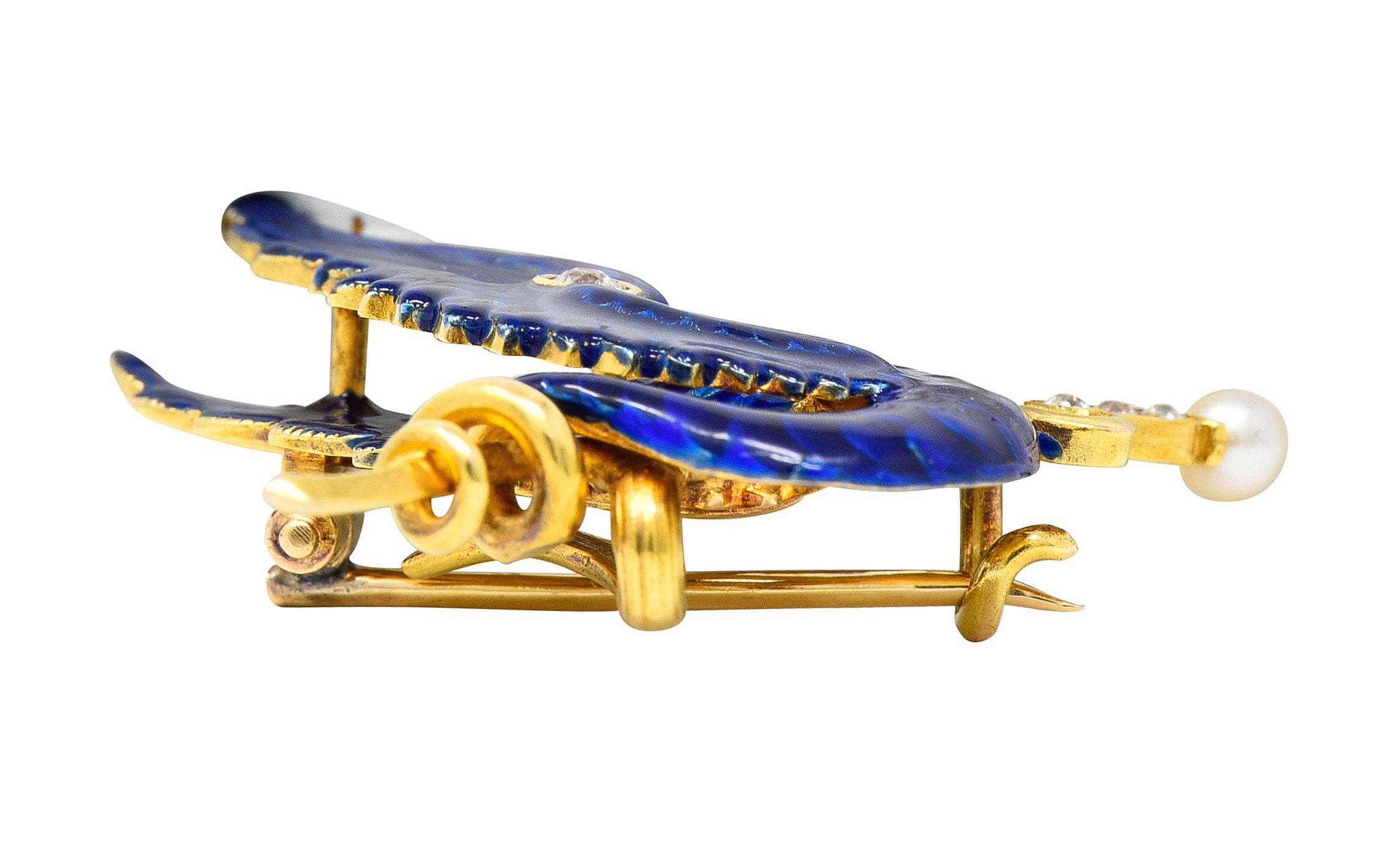 Riker Bros Art Nouveau Diamond Pearl Ruby Blue Enamel 14 Karat Gold Wyvern Serpent Dragon Sword Antique Unisex Brooch Wilson's Estate Jewelry