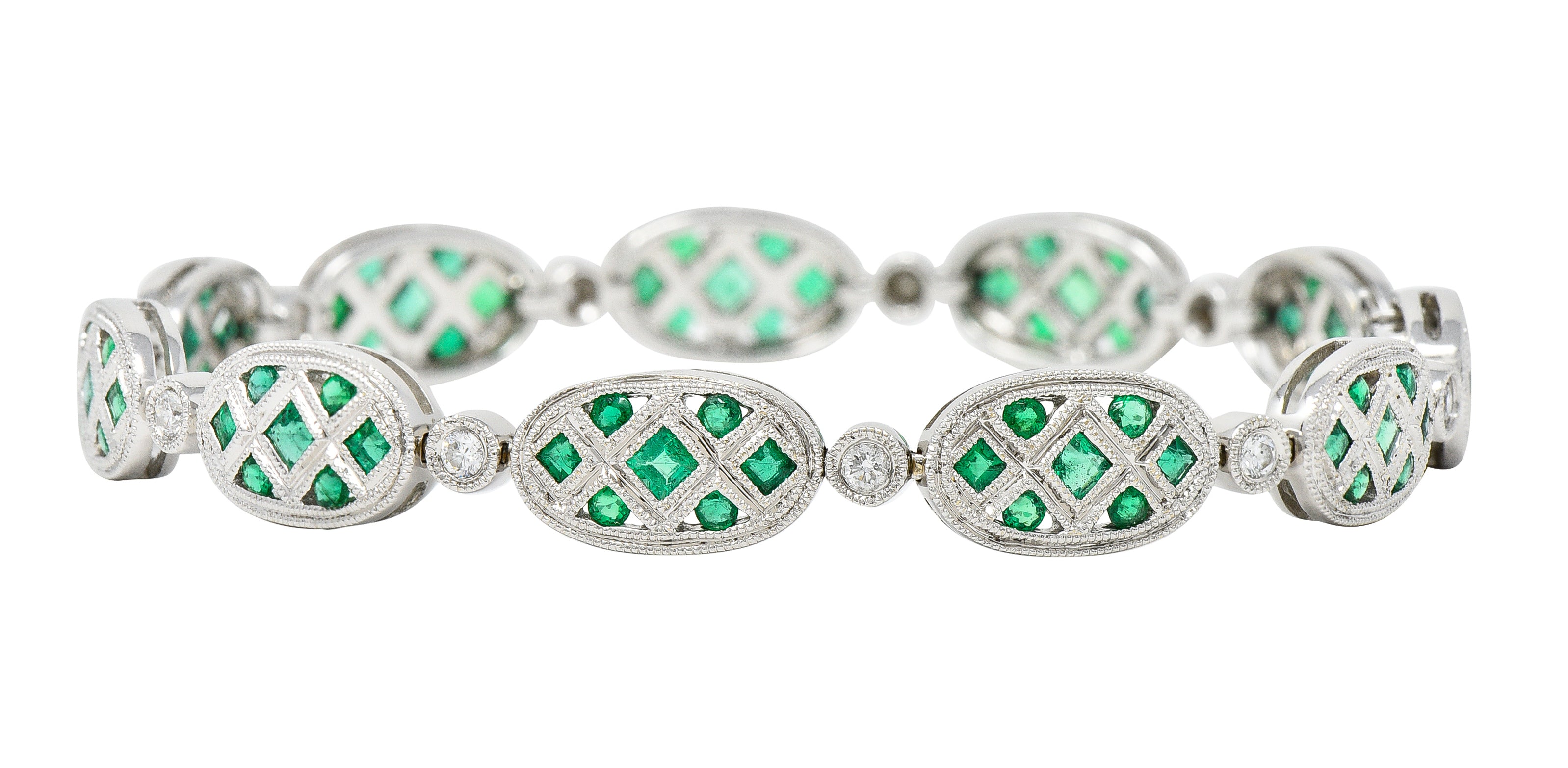 Contemporary 1.80 CTW Emerald Diamond 18 Karat White Gold Lattice Link Bracelet Wilson's Estate Jewelry