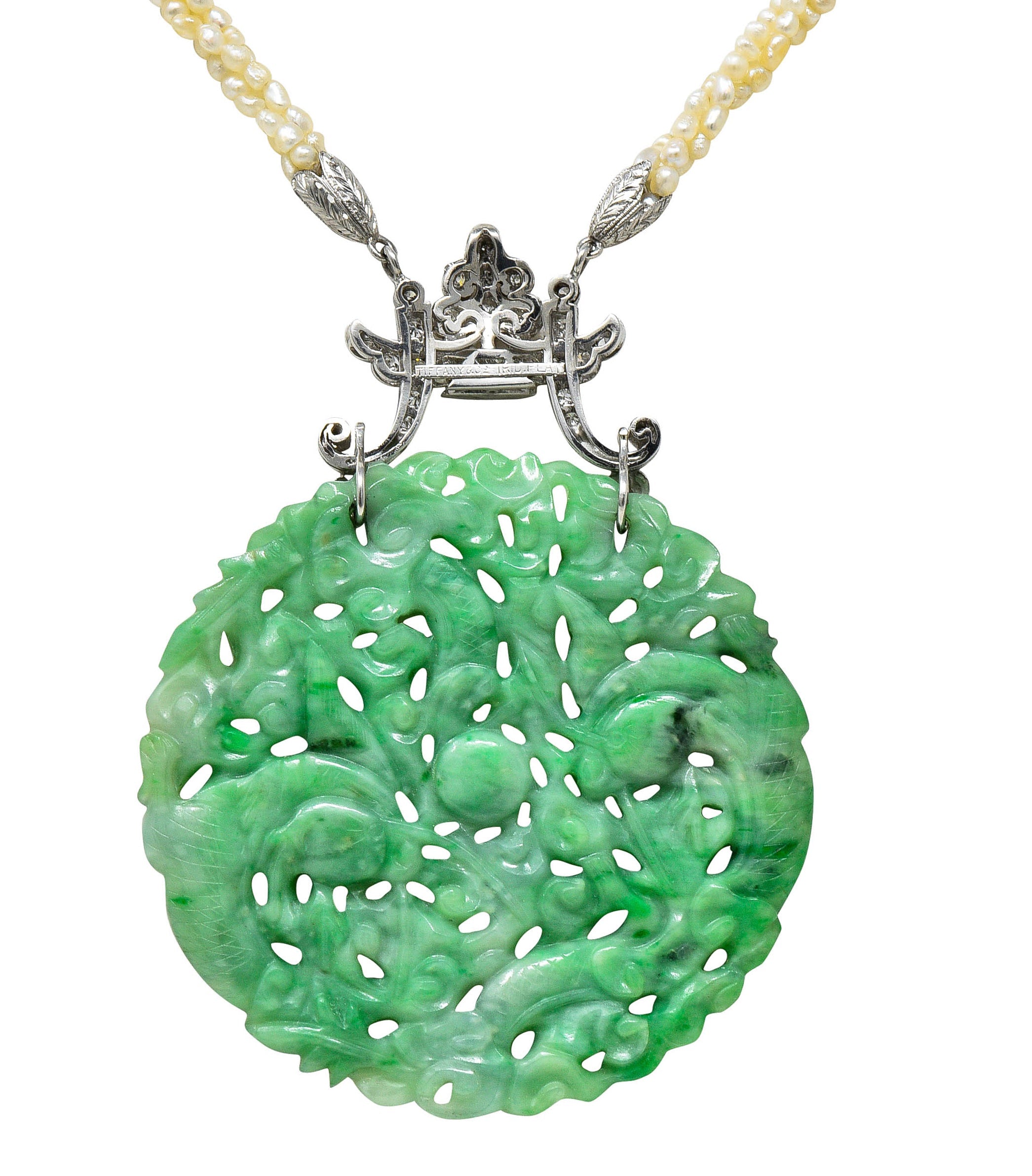 Tiffany & Co. Art Deco Substantial Carved Jade Dragon Seed Pearl Diamond Platinum Sautoir Pendant NecklaceNecklace - Wilson's Estate Jewelry