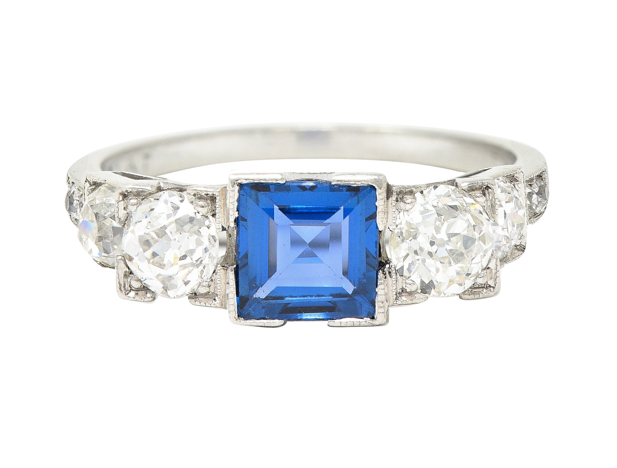 Art Deco 2.15 CTW Sapphire Diamond Platinum Five Stone Engagement Ring Wilson's Estate Jewelry