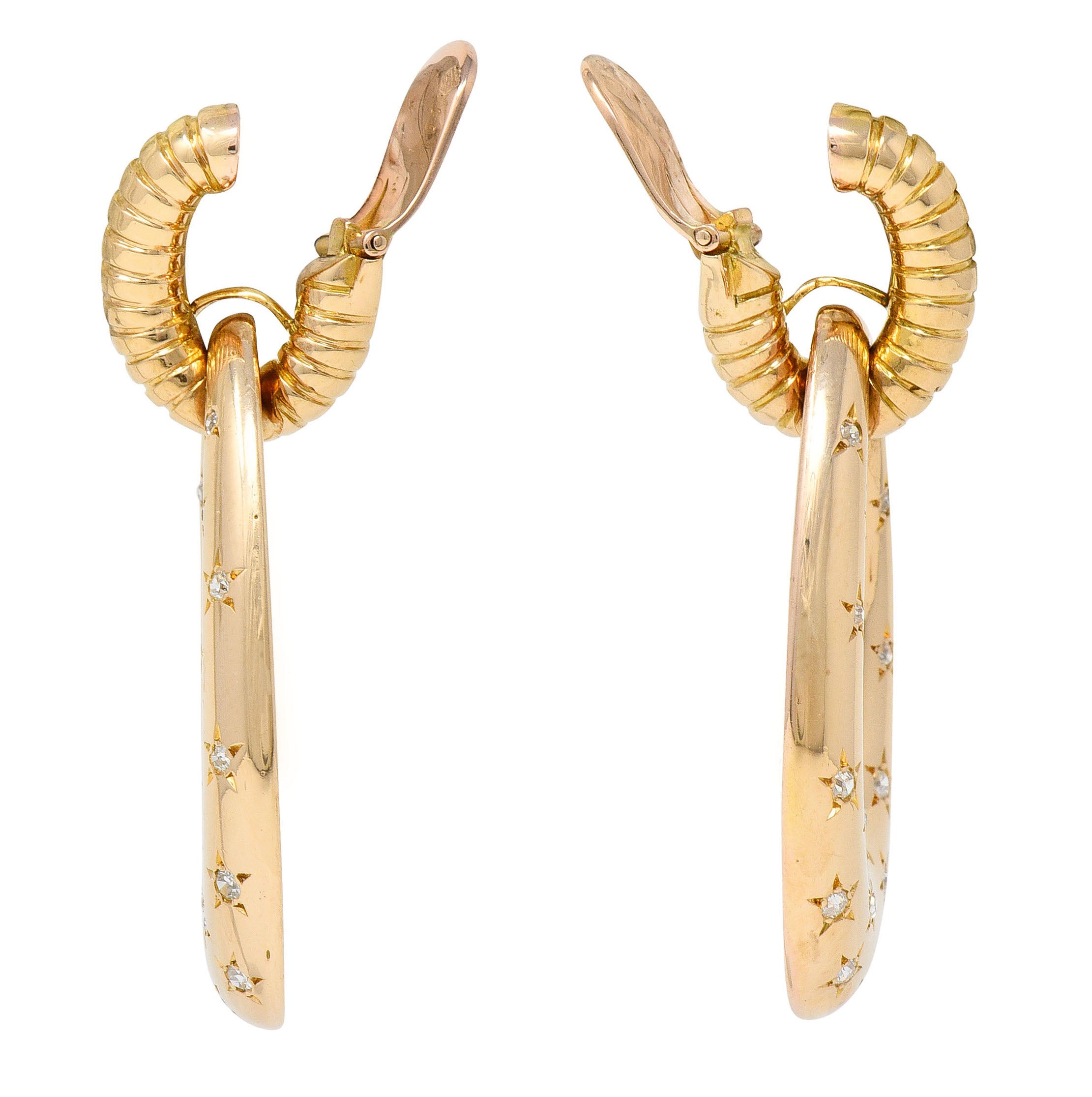 Mauboussin Paris Retro 1.10 CTW Diamond 18 Karat Rose Gold Star Gaspipe Vintage Ear-Clip Doorknocker Earrings Wilson's Estate Jewelry