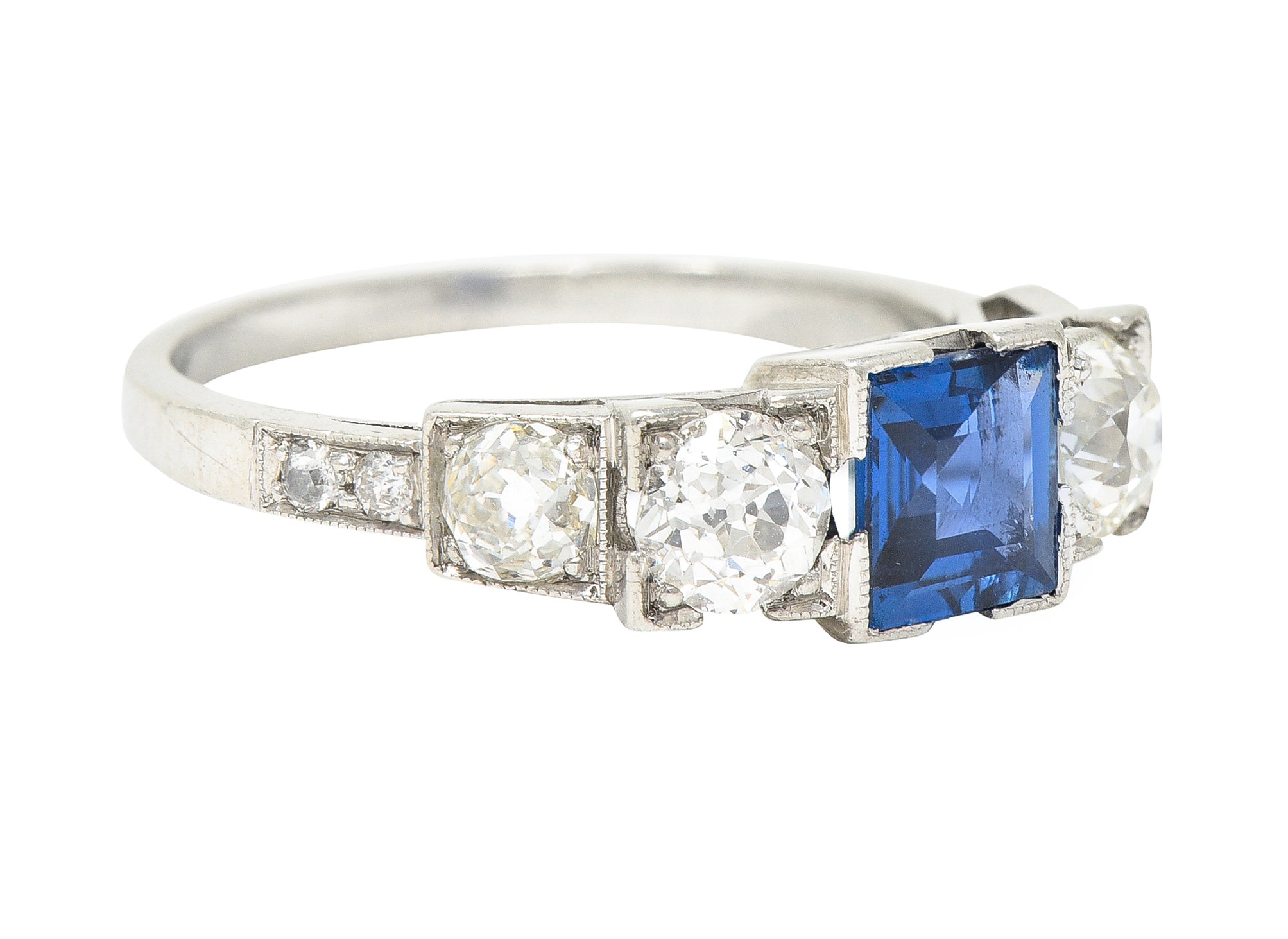 Art Deco 2.15 CTW Sapphire Diamond Platinum Five Stone Engagement Ring Wilson's Estate Jewelry