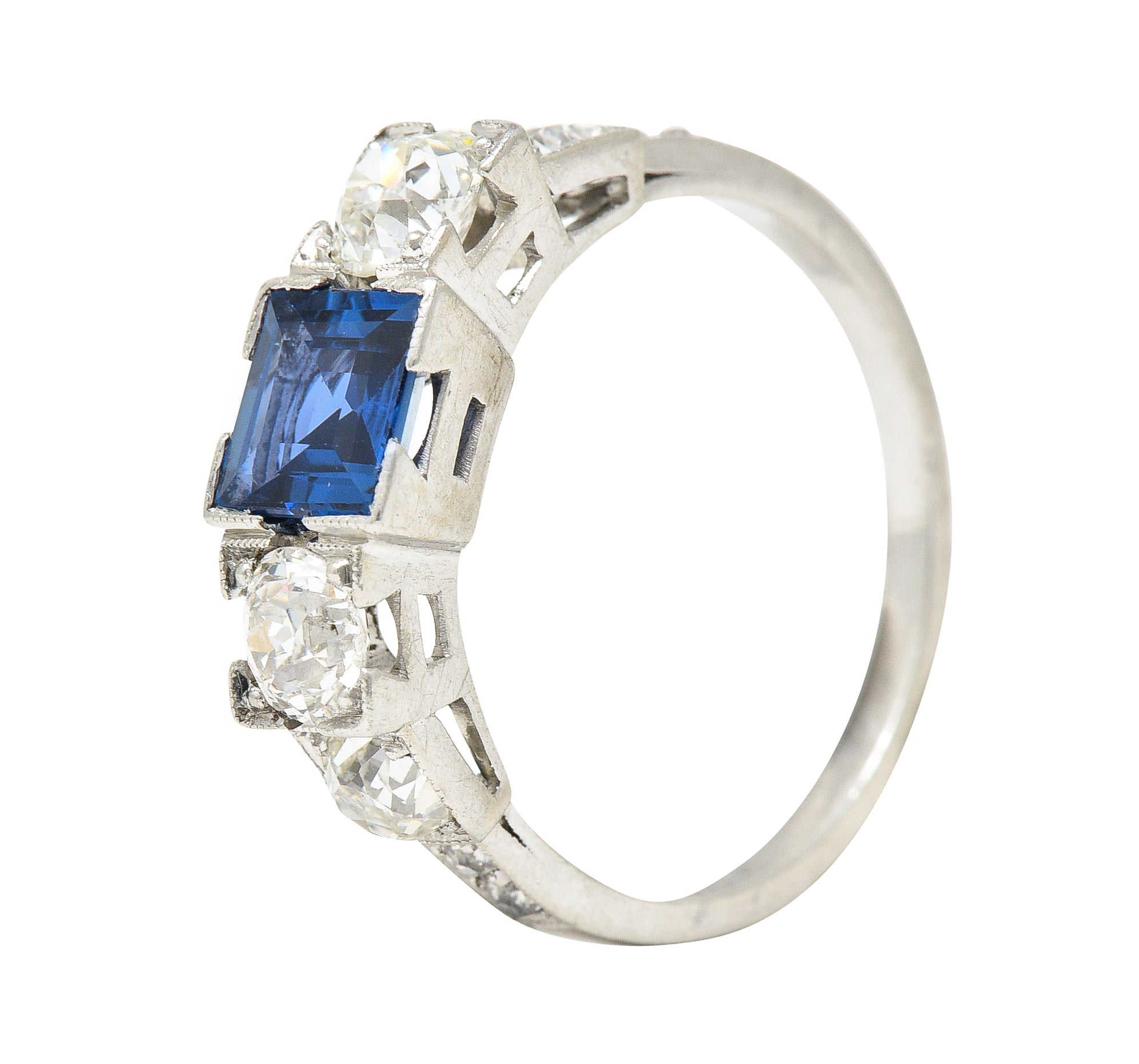 Art Deco 2.15 CTW Sapphire Diamond Platinum Five Stone Engagement Ring Wilson's Estate Jewelry