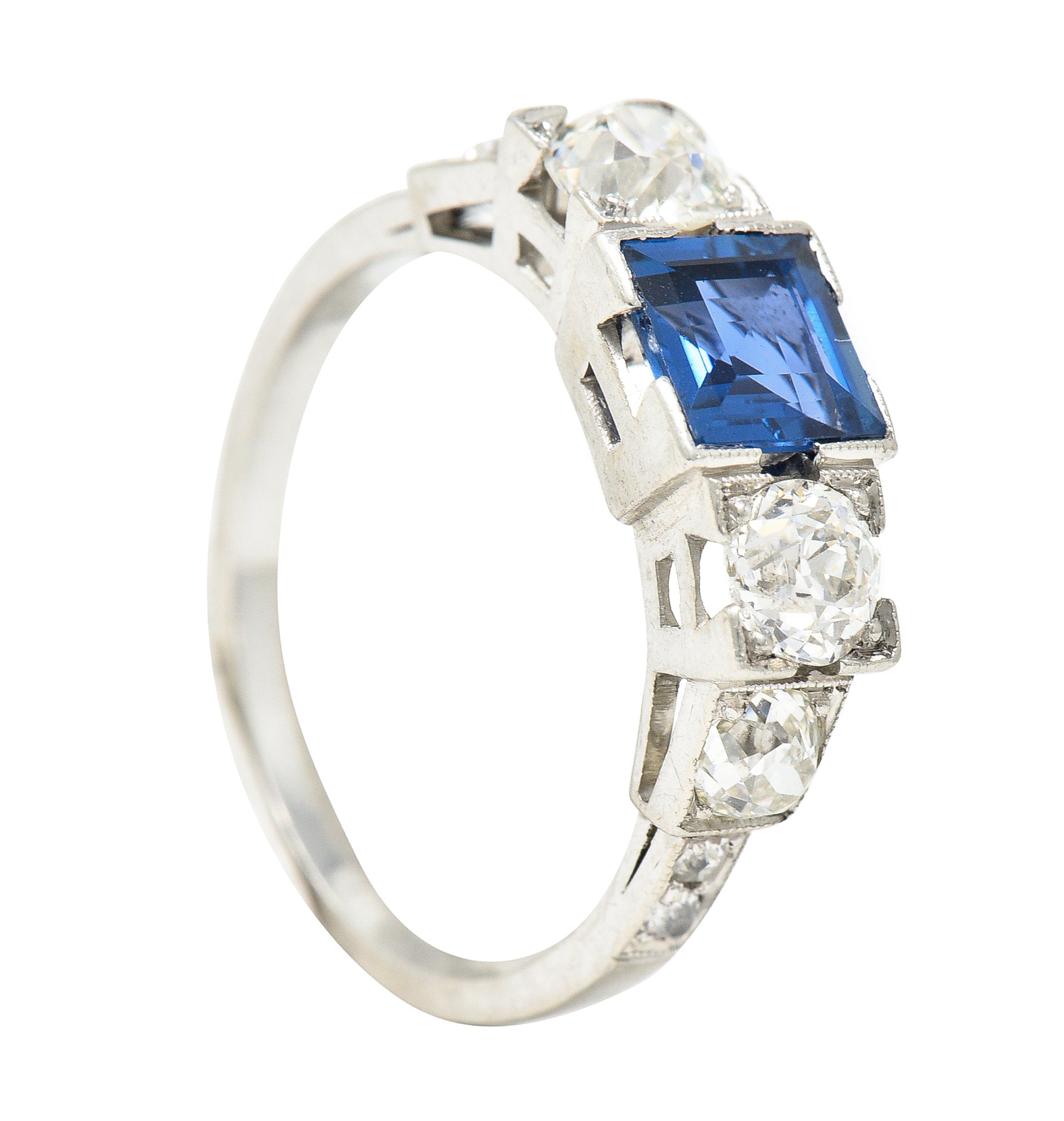 Art Deco 2.15 CTW Sapphire Diamond Platinum Five Stone Engagement Ring Wilson's Estate Jewelry