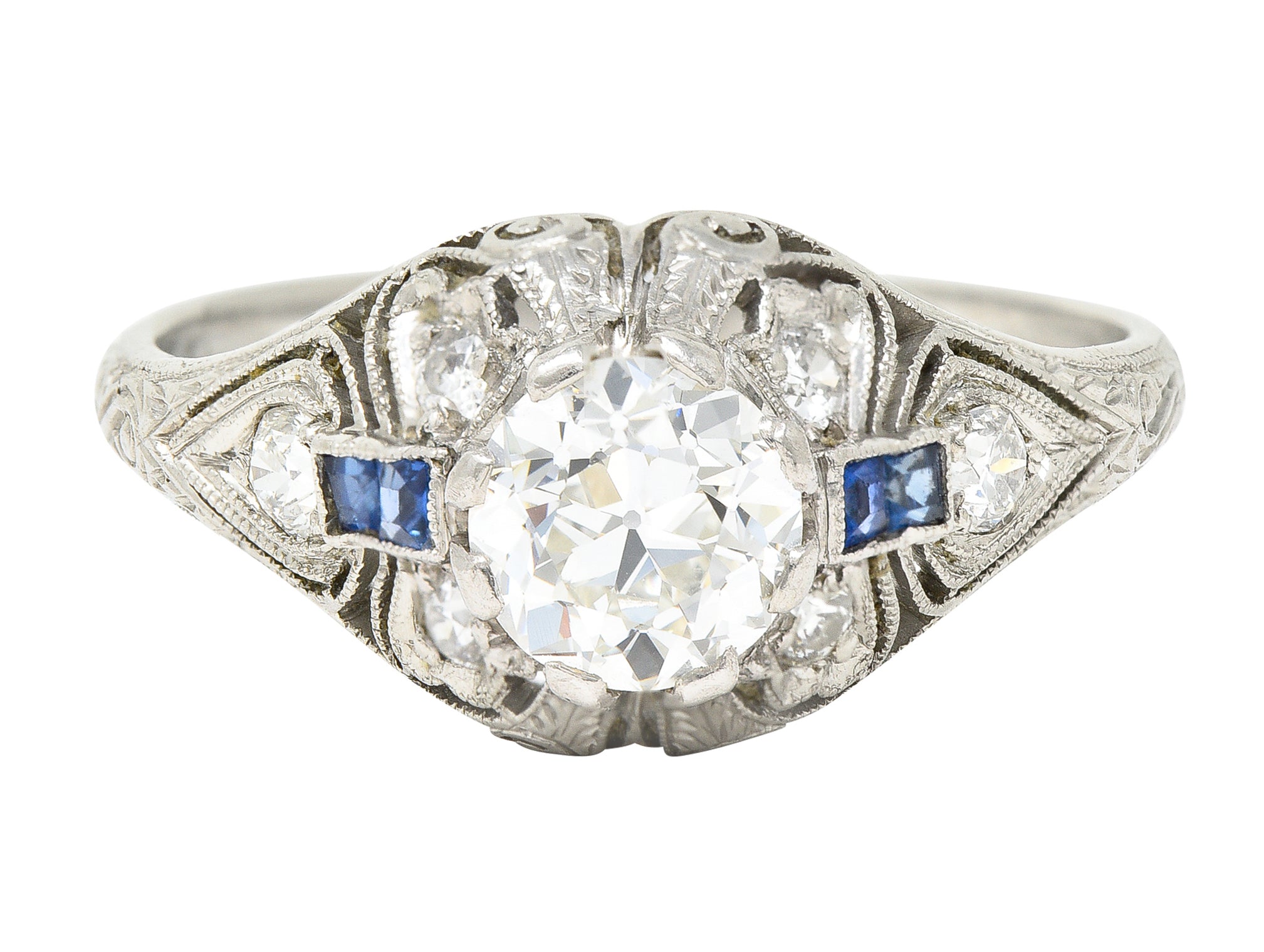 Art Deco 1.55 CTW Old European Diamond Sapphire Platinum Clover Vintage Engagement Ring Wilson's Estate Jewelry