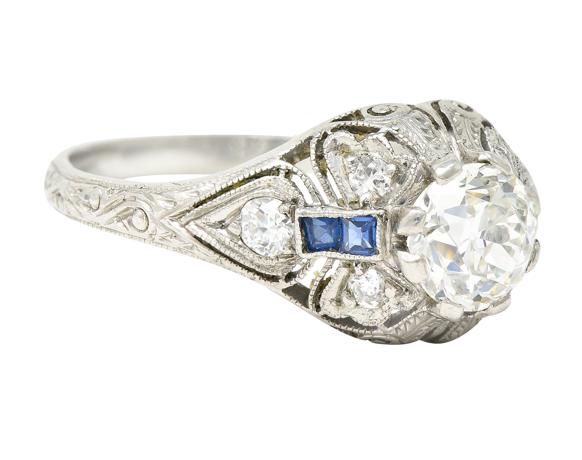 Art Deco 1.55 CTW Old European Diamond Sapphire Platinum Clover Vintage Engagement Ring Wilson's Estate Jewelry