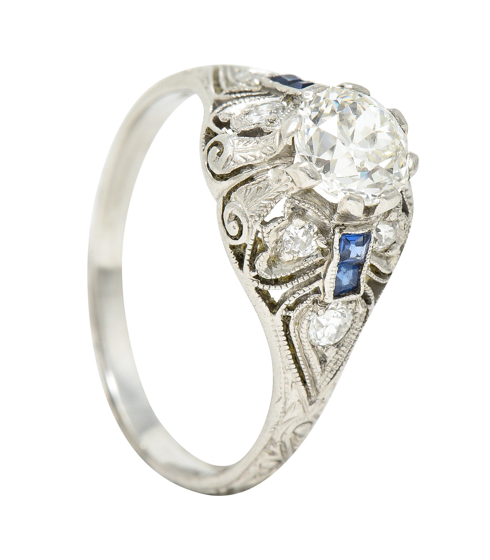 Art Deco 1.55 CTW Old European Diamond Sapphire Platinum Clover Vintage Engagement Ring Wilson's Estate Jewelry